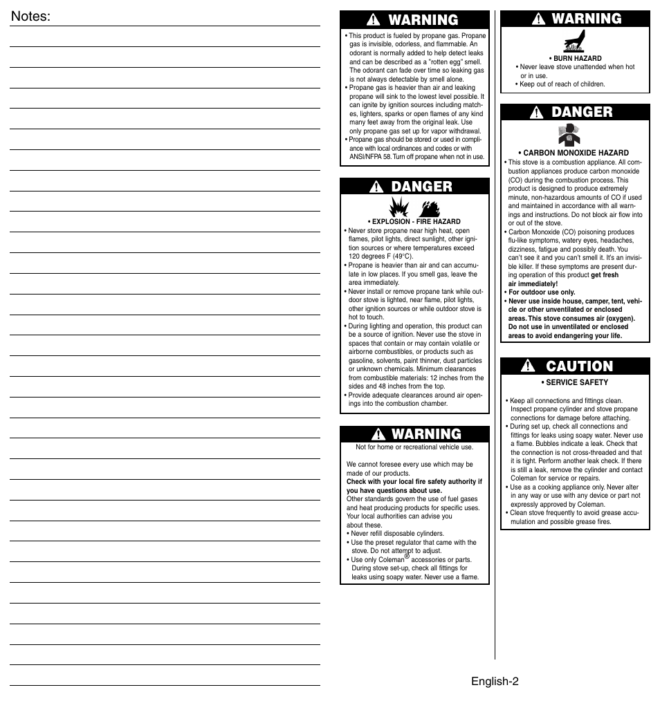 Warning danger, Warning, Danger | Caution, English-2 | Coleman 4010002949 User Manual | Page 3 / 14