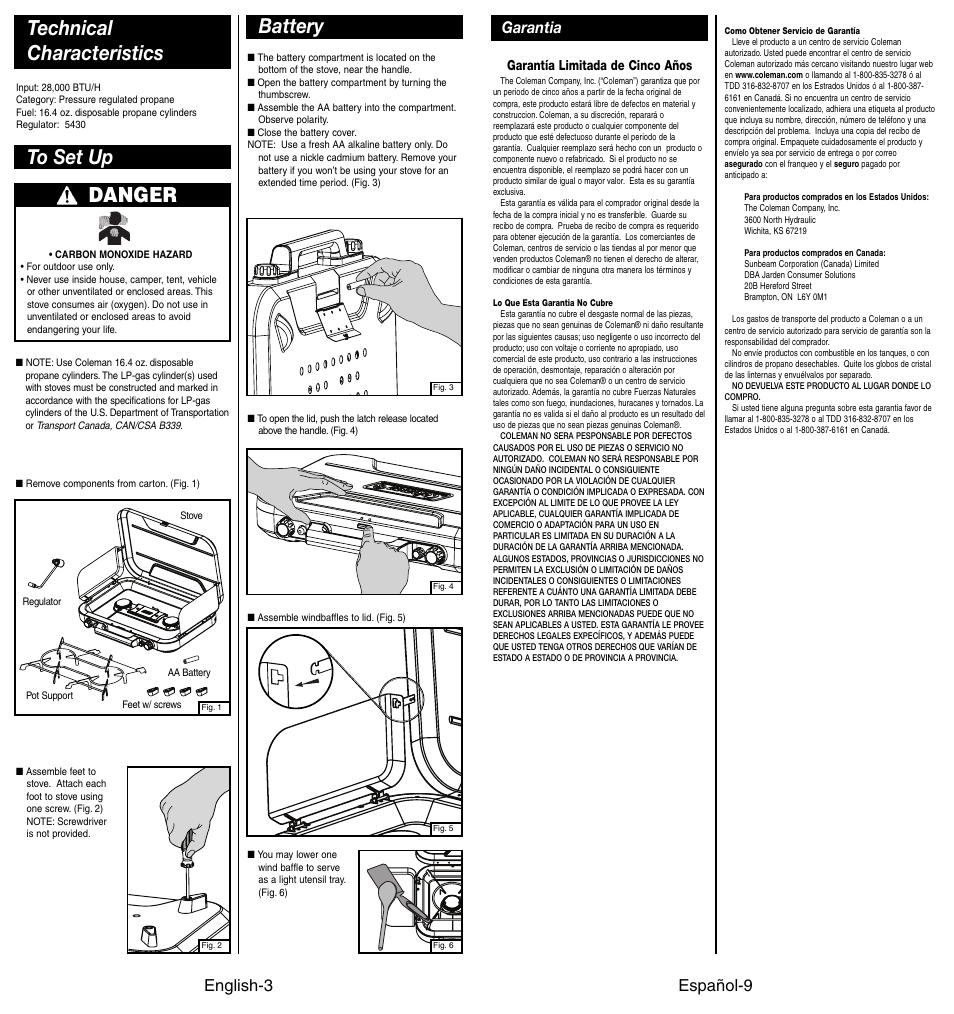 Danger, Battery, Garantia | Español-9 english-3 | Coleman 4010002949 User Manual | Page 4 / 14