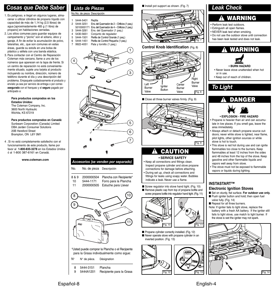 Cosas que debe saber, Warning, Leak check warning | Caution, Español-8, Lista de piezas, English-4 | Coleman 4010002949 User Manual | Page 5 / 14