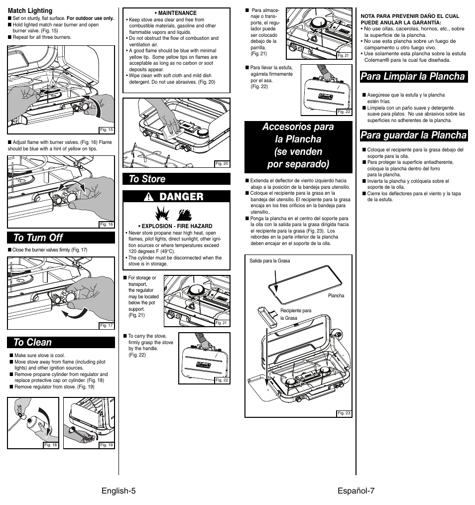 Para limpiar la plancha, Danger, Español-7 | English-5 | Coleman 4010002949 User Manual | Page 6 / 14