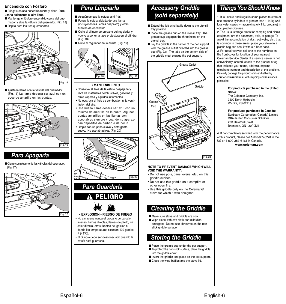 Peligro, Para guardarla, Para apagarla para limpiarla | Things you should know, Accessory griddle (sold separately), Storing the griddle, Cleaning the griddle, Español-6, English-6 | Coleman 4010002949 User Manual | Page 7 / 14