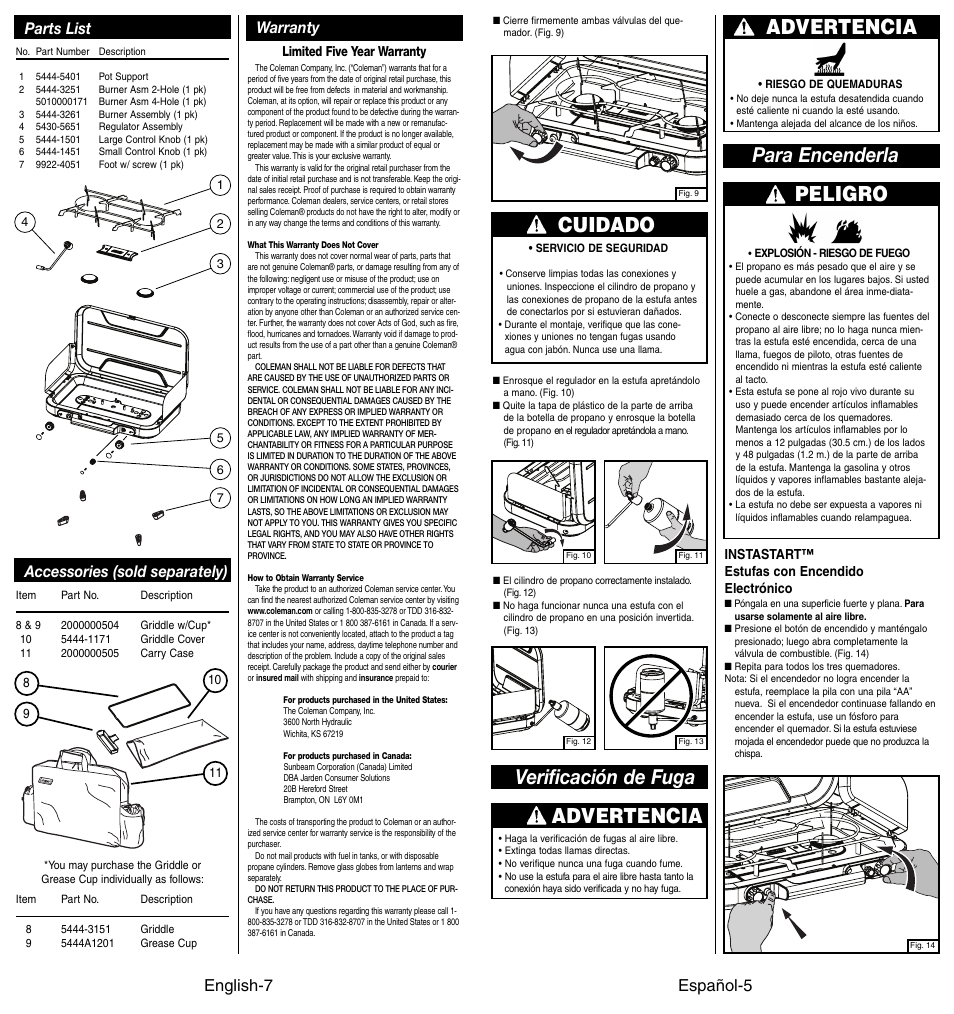 Advertencia, Verificación de fuga para encenderla peligro, Cuidado | Español-5, English-7 warranty parts list, Accessories (sold separately) | Coleman 4010002949 User Manual | Page 8 / 14