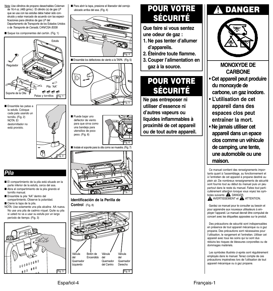 Pour votre sécurité, Danger, Pila | Coleman 4010002949 User Manual | Page 9 / 14