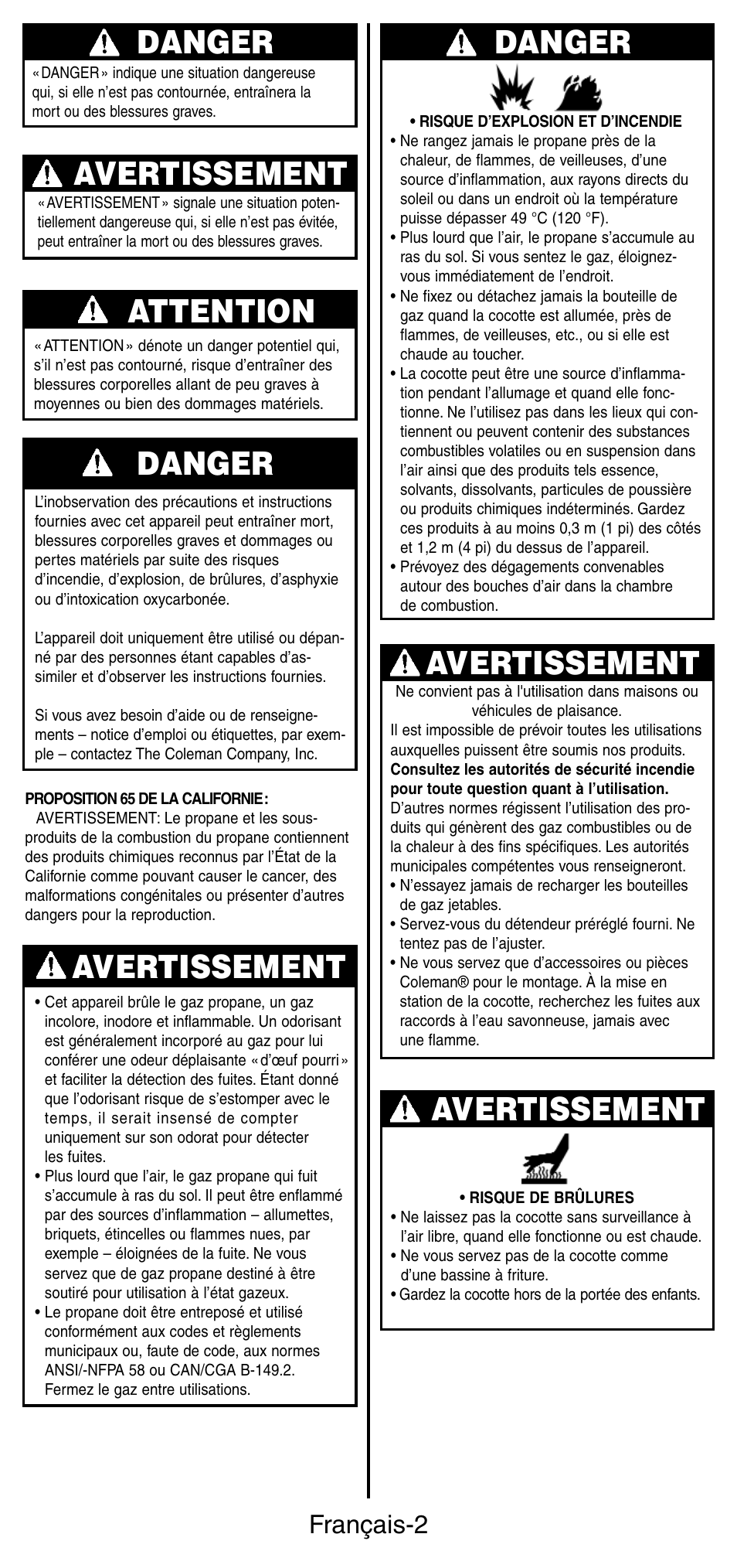 Avertissement danger, Avertissement, Danger | Attention, Français-2 | Coleman 9935 User Manual | Page 10 / 28