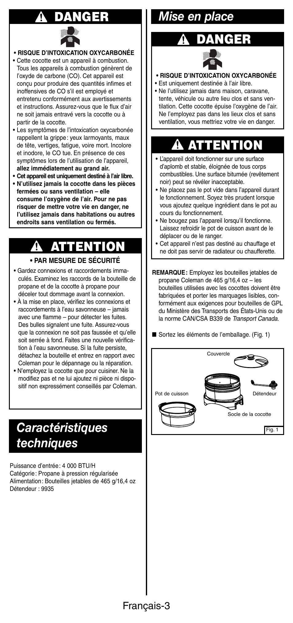 Mise en place caractéristiques techniques, Danger, Attention | Français-3 | Coleman 9935 User Manual | Page 11 / 28