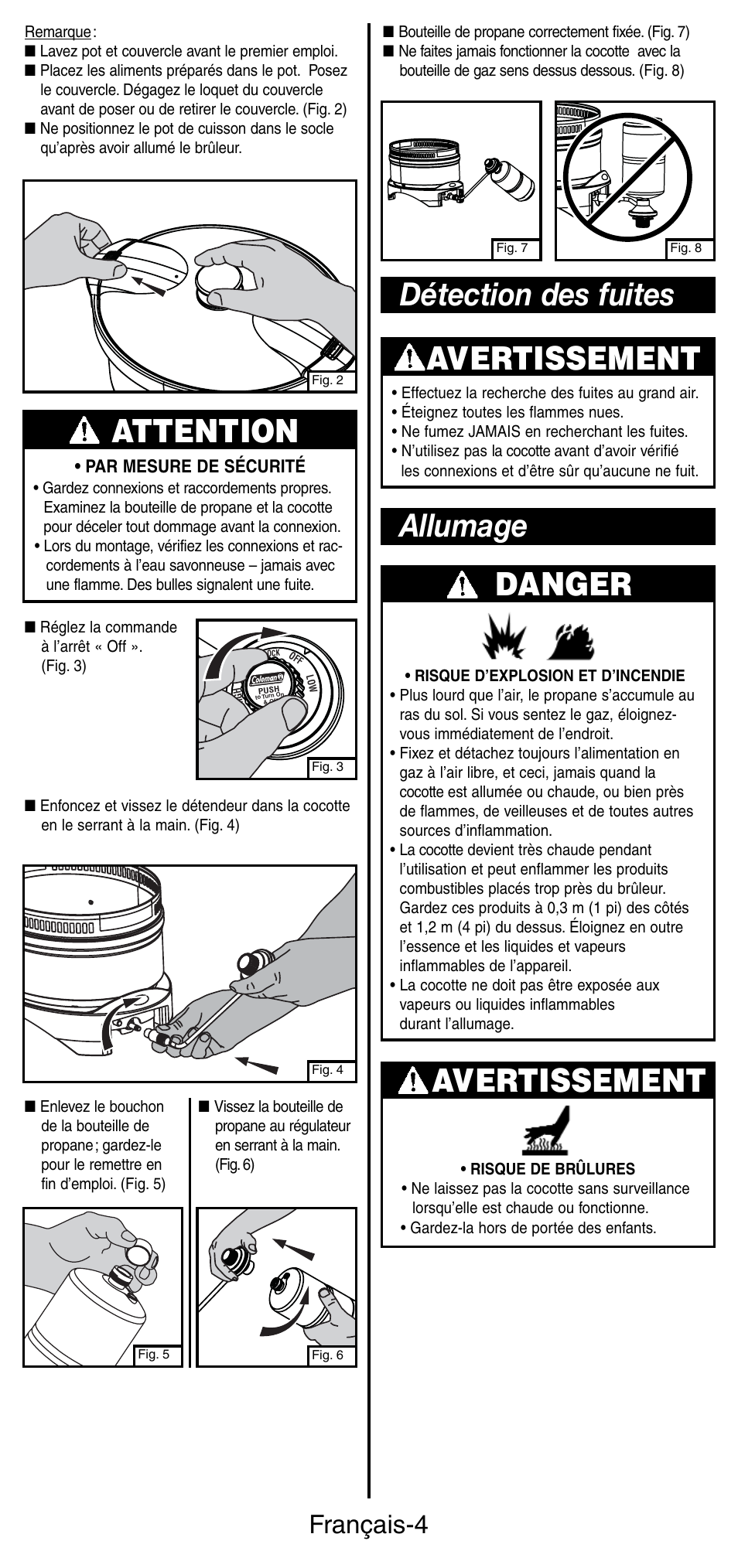 Attention, Avertissement, Détection des fuites allumage danger | Français-4 | Coleman 9935 User Manual | Page 12 / 28