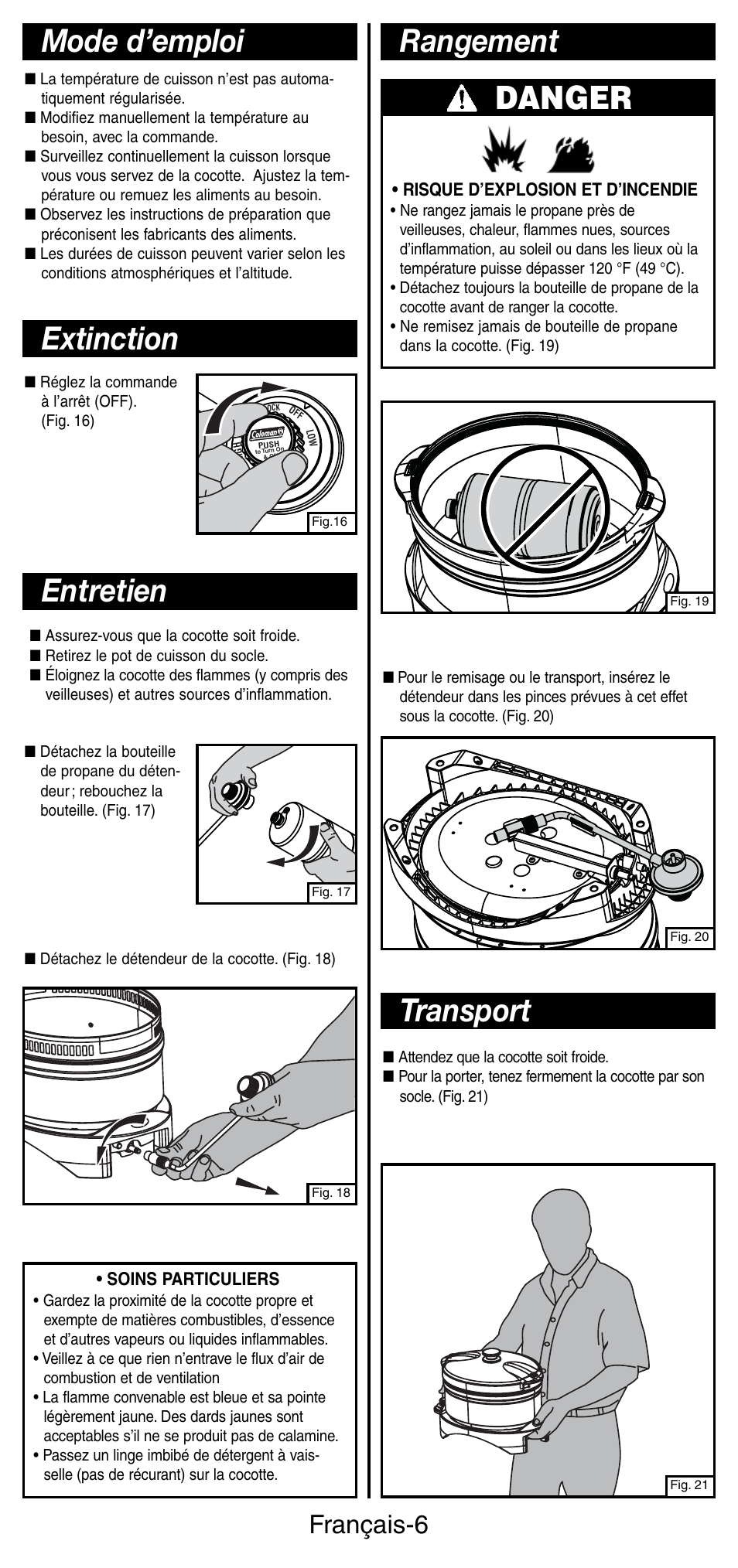 Rangement extinction entretien, Mode d’emploi, Transport | Danger, Français-6 | Coleman 9935 User Manual | Page 14 / 28