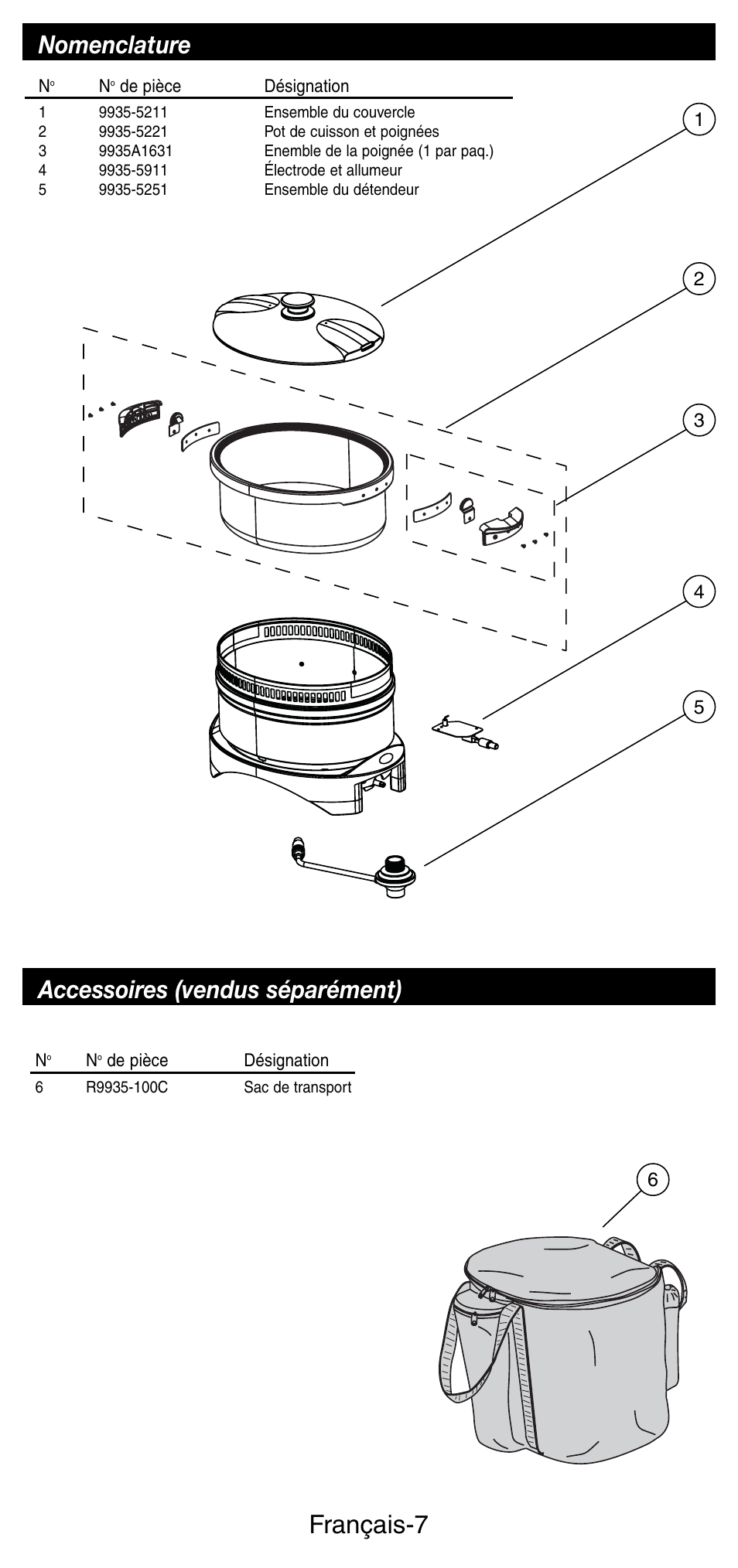 Français-7, Nomenclature, Accessoires (vendus séparément) | Coleman 9935 User Manual | Page 15 / 28