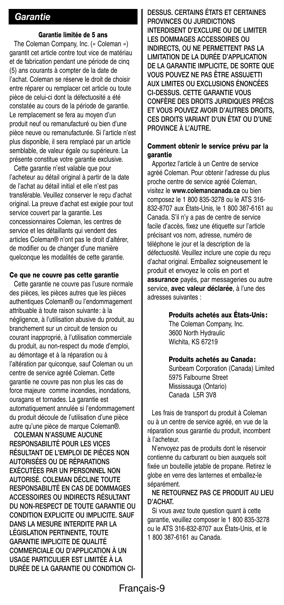 Français-9, Garantie | Coleman 9935 User Manual | Page 17 / 28