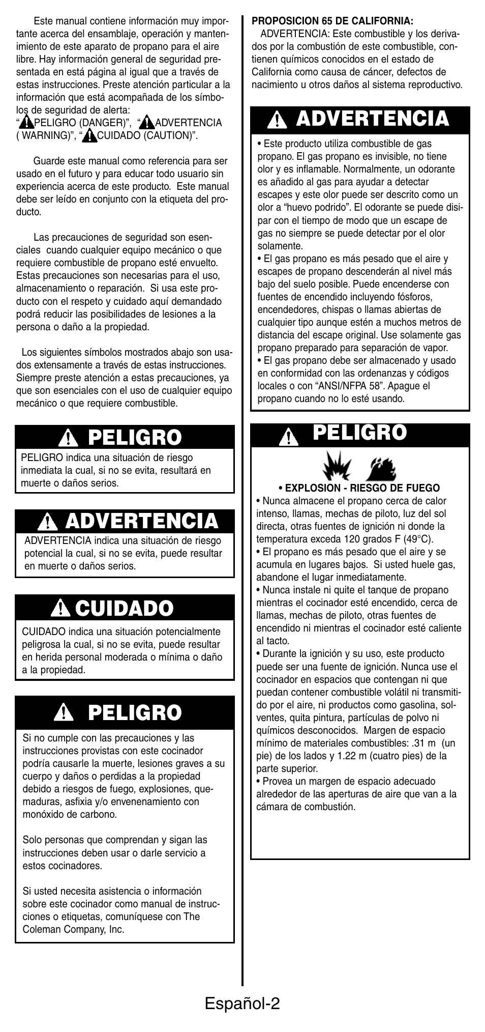 Peligro, Cuidado, Advertencia | Advertencia peligro, Español-2 | Coleman 9935 User Manual | Page 19 / 28