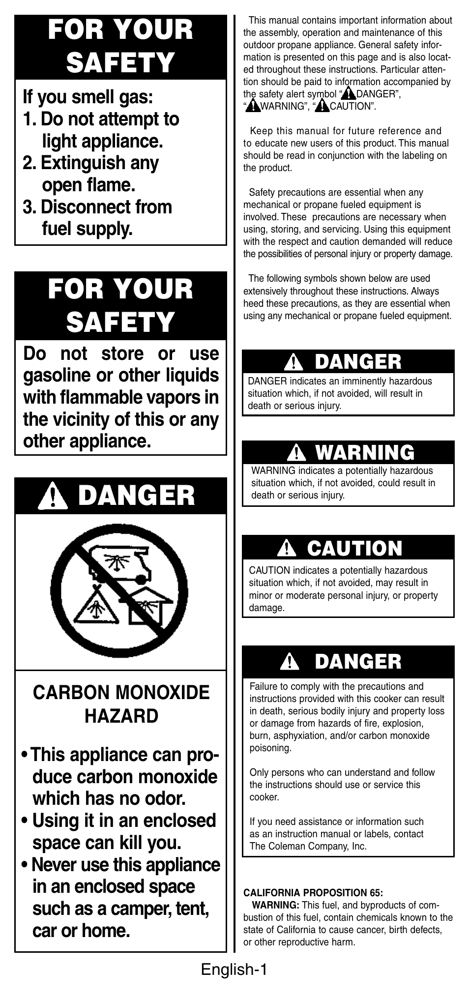 For your safety, Danger, Warning | Caution | Coleman 9935 User Manual | Page 2 / 28