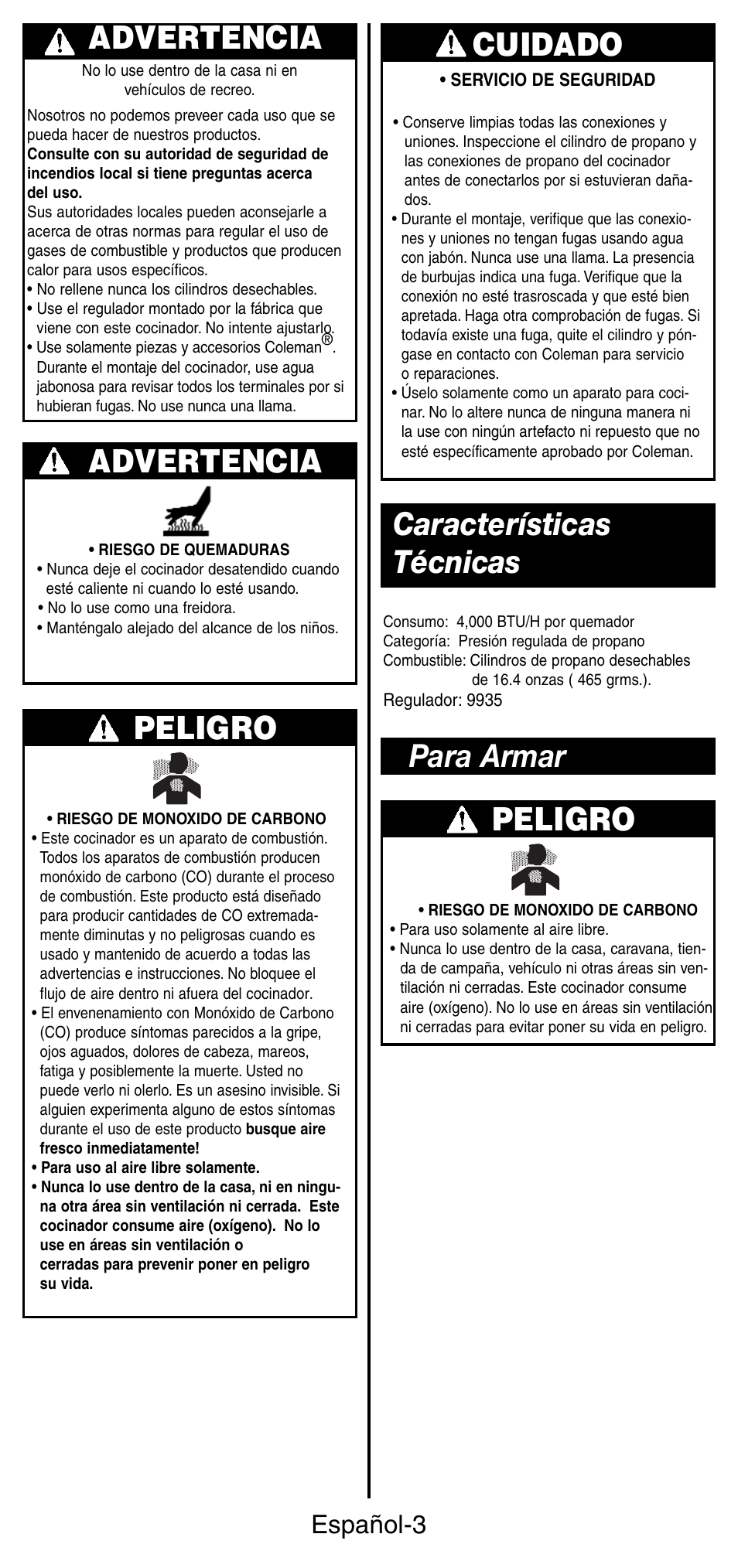 Advertencia, Peligro, Cuidado | Características técnicas, Para armar peligro, Español-3 | Coleman 9935 User Manual | Page 20 / 28