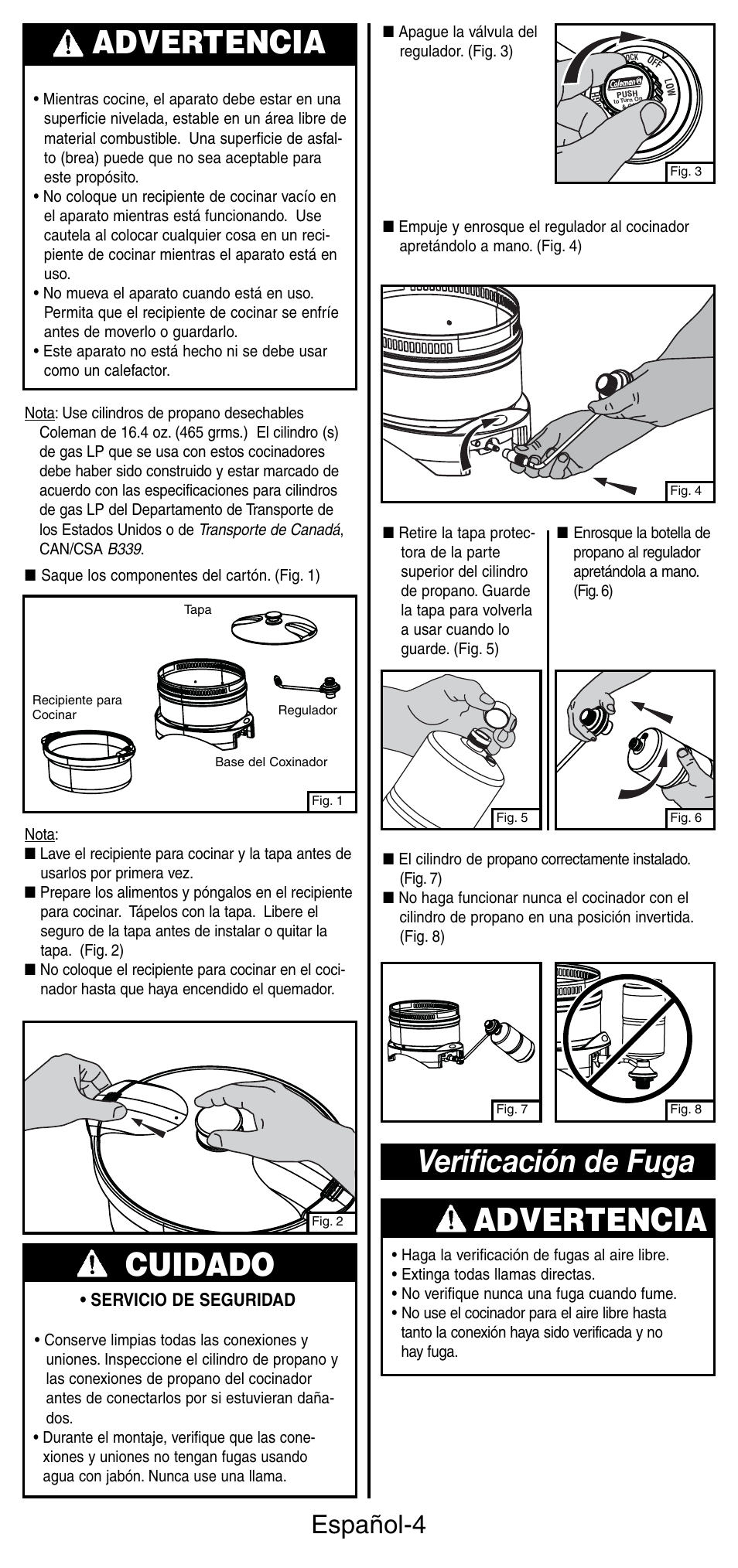 Advertencia, Verificación de fuga cuidado, Español-4 | Coleman 9935 User Manual | Page 21 / 28