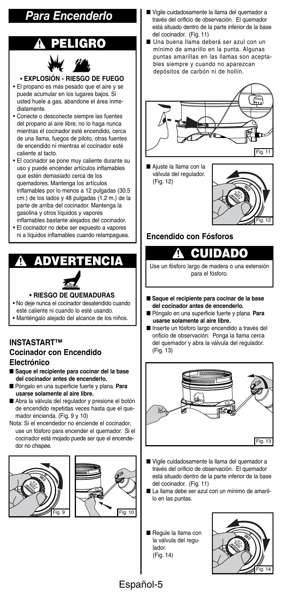 Cuidado, Para encenderlo peligro, Advertencia | Español-5, Encendido con fósforos, Instastart™ cocinador con encendido electrónico, Explosión - riesgo de fuego, Riesgo de quemaduras | Coleman 9935 User Manual | Page 22 / 28