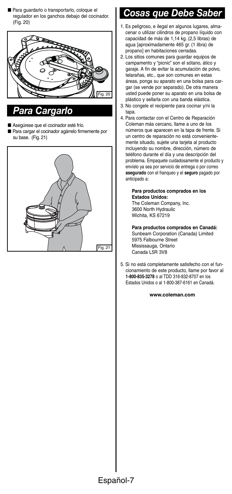 Para cargarlo, Cosas que debe saber, Español-7 | Coleman 9935 User Manual | Page 24 / 28