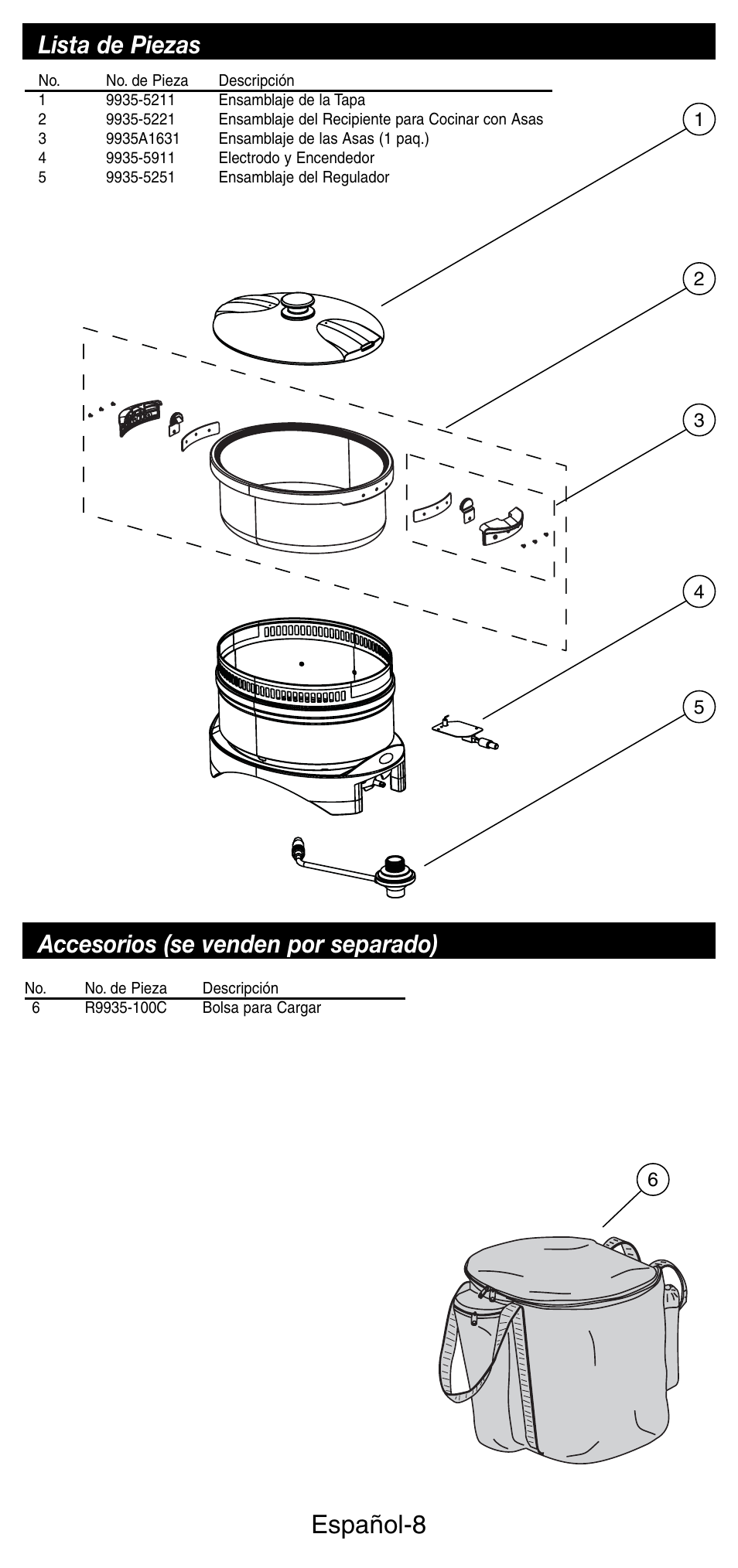 Español-8, Lista de piezas, Accesorios (se venden por separado) | Coleman 9935 User Manual | Page 25 / 28