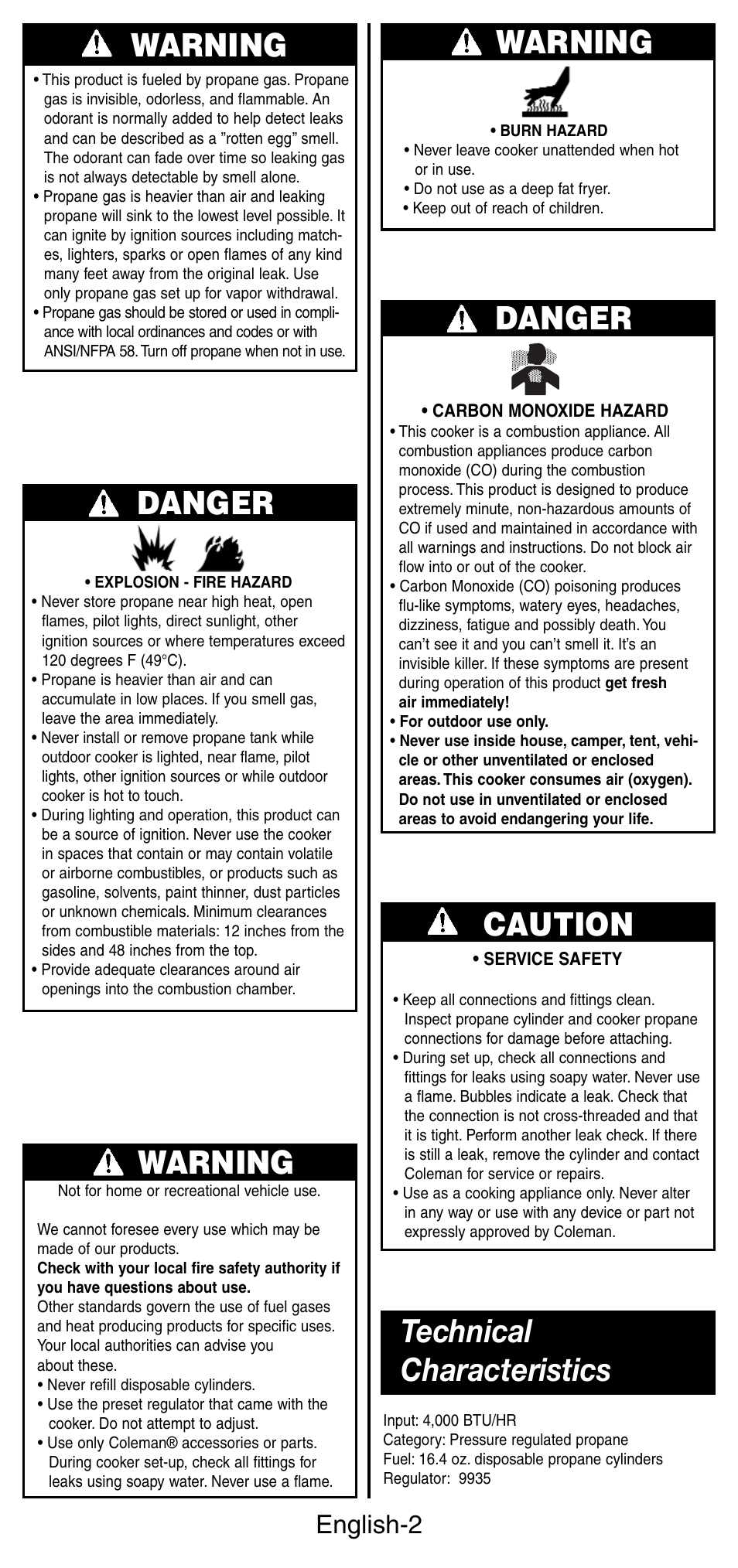 Warning danger, Warning, Danger | Caution, Technical characteristics, English-2 | Coleman 9935 User Manual | Page 3 / 28