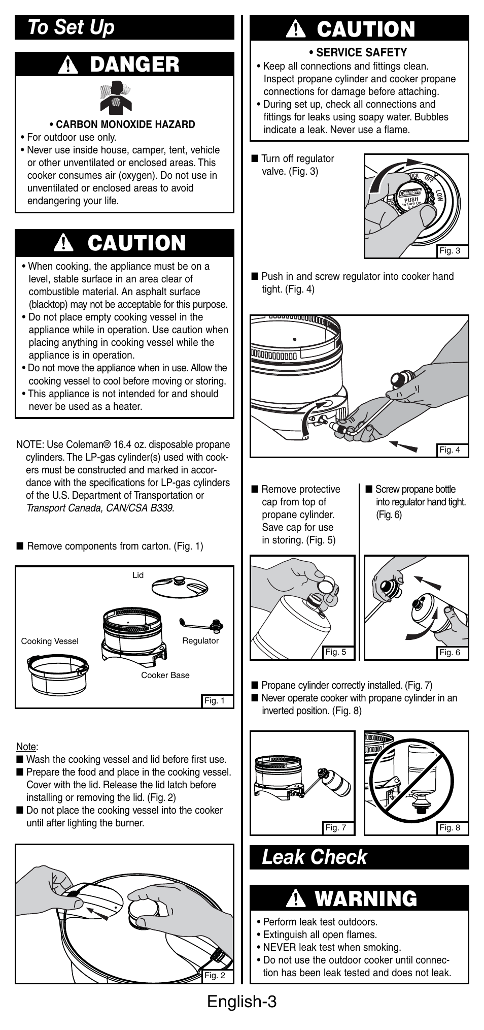 Caution, Warning, Leak check | English-3 | Coleman 9935 User Manual | Page 4 / 28