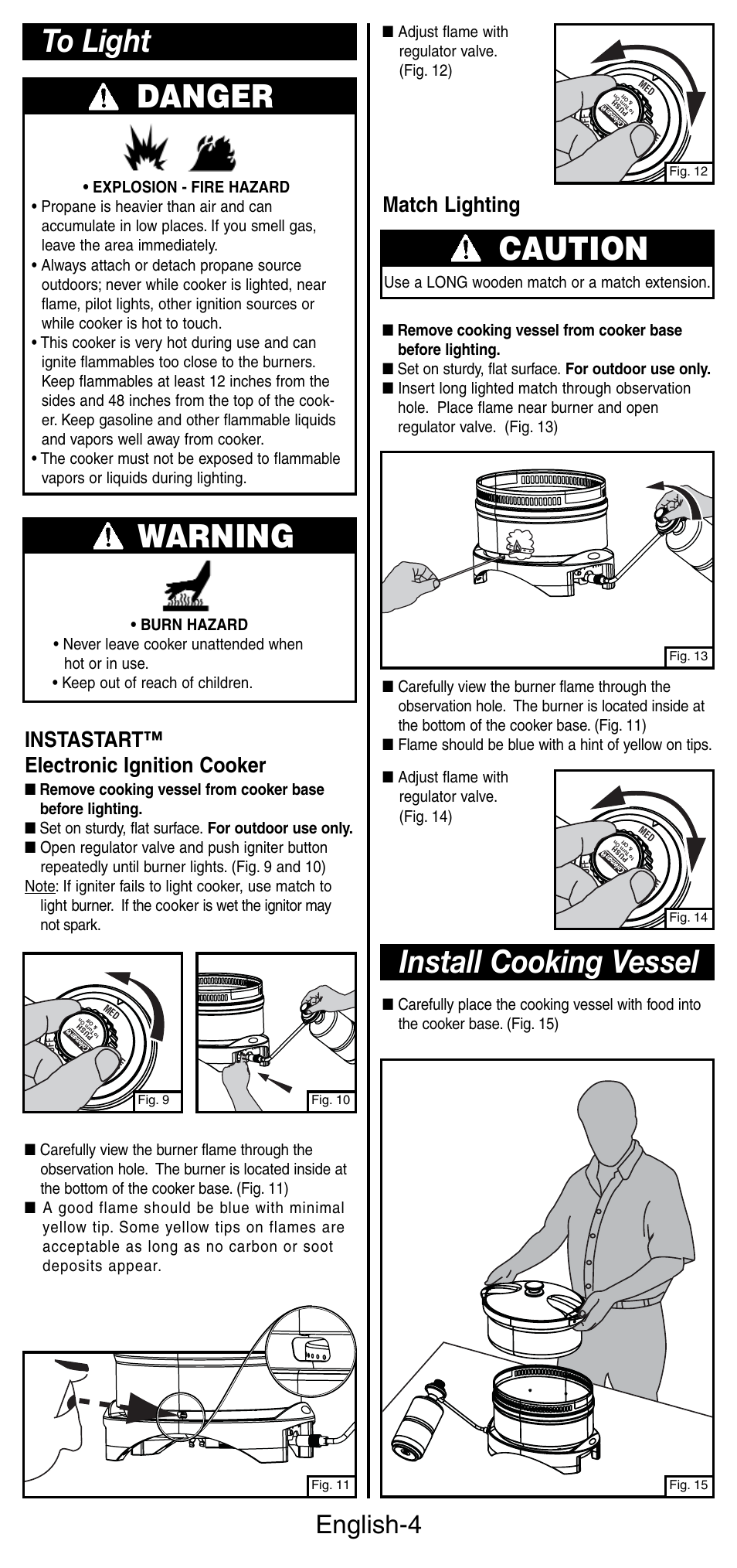 Warning, Caution, Install cooking vessel | English-4, Match lighting, Instastart™ electronic ignition cooker, Adjust flame with regulator valve. (fig. 12), Adjust flame with regulator valve. (fig. 14) | Coleman 9935 User Manual | Page 5 / 28