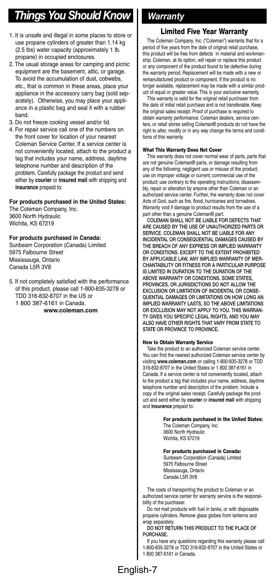 Things you should know, English-7, Warranty | Limited five year warranty | Coleman 9935 User Manual | Page 8 / 28