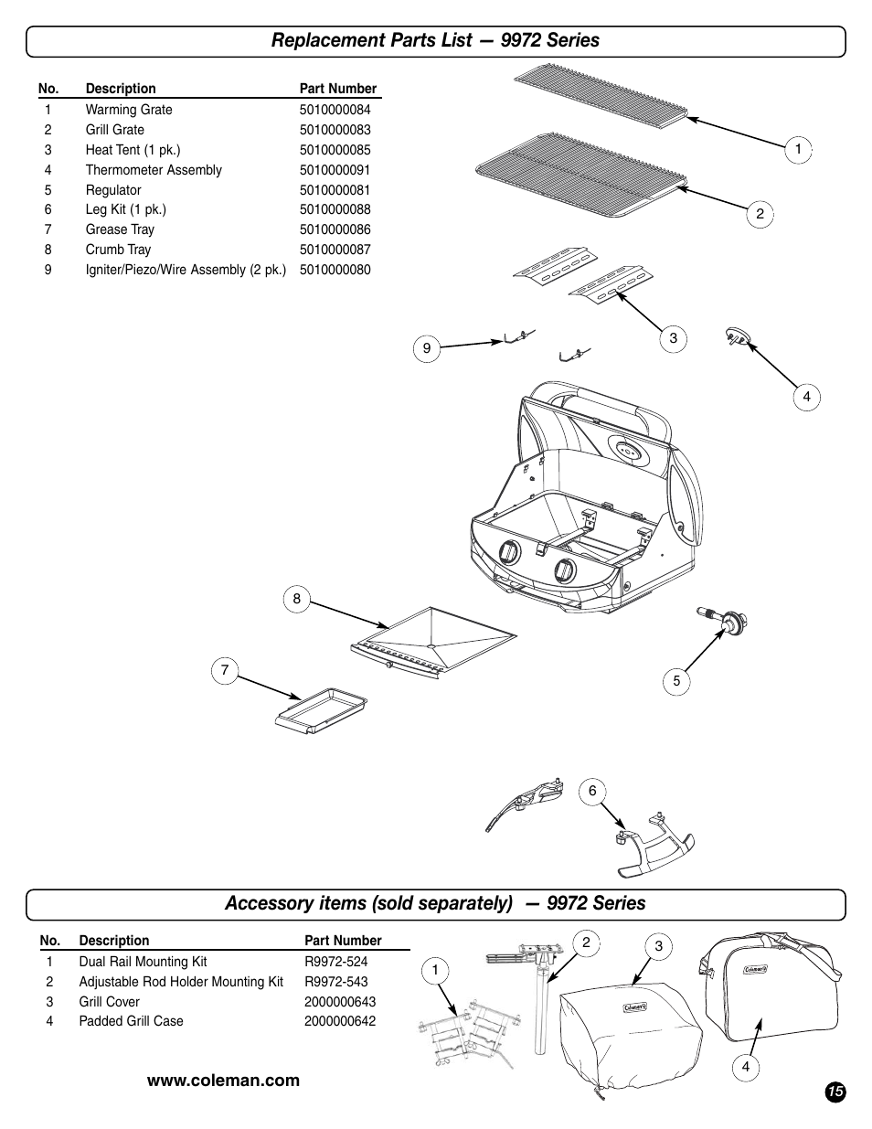 Replacement parts list — 9972 series, Accessory items (sold separately) — 9972 series | Coleman 9972 Series User Manual | Page 15 / 16