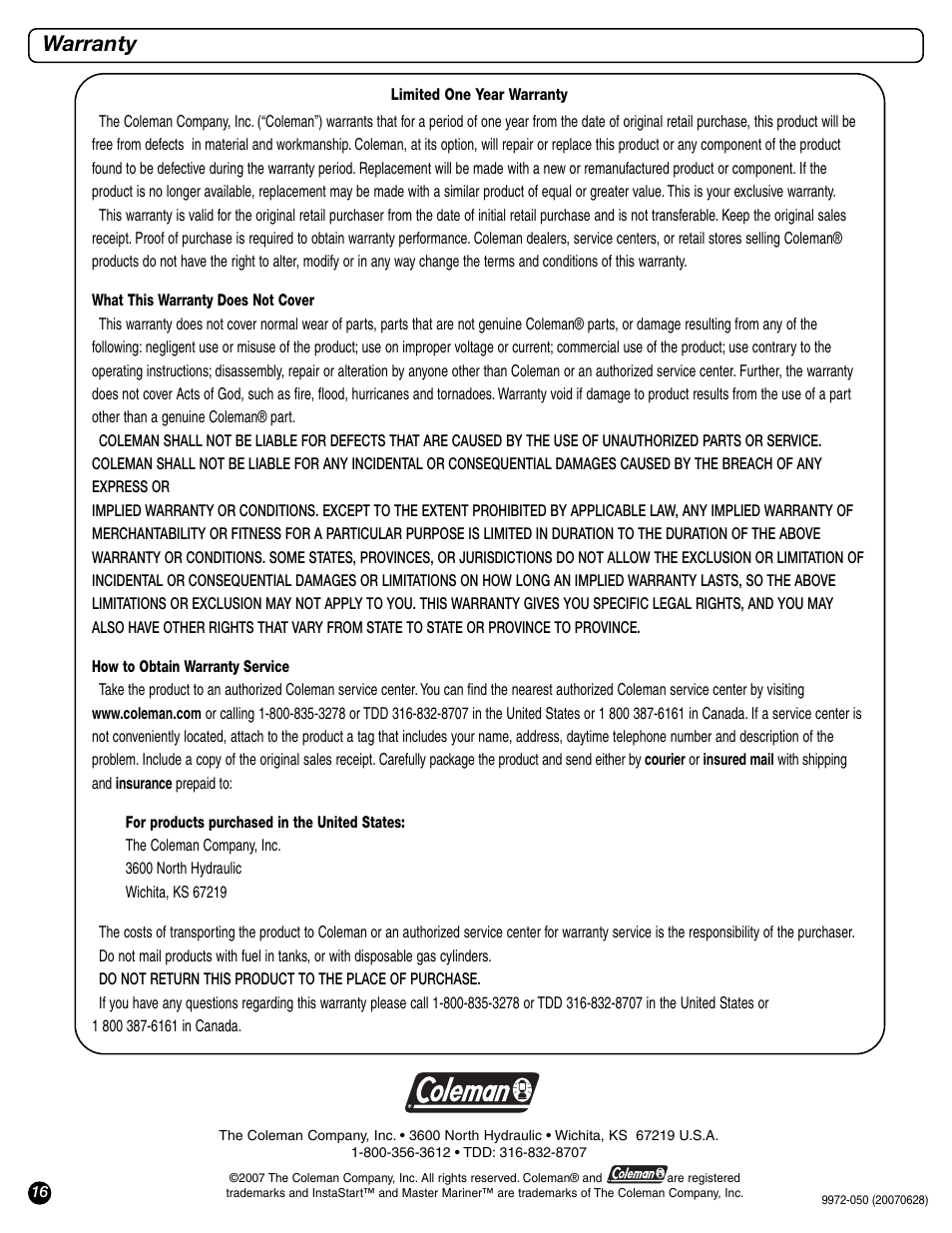 Warranty | Coleman 9972 Series User Manual | Page 16 / 16