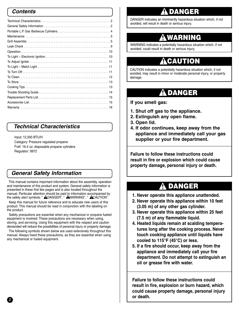 Danger, Warning, Caution | Contents general safety information, Technical characteristics | Coleman 9972 Series User Manual | Page 2 / 16
