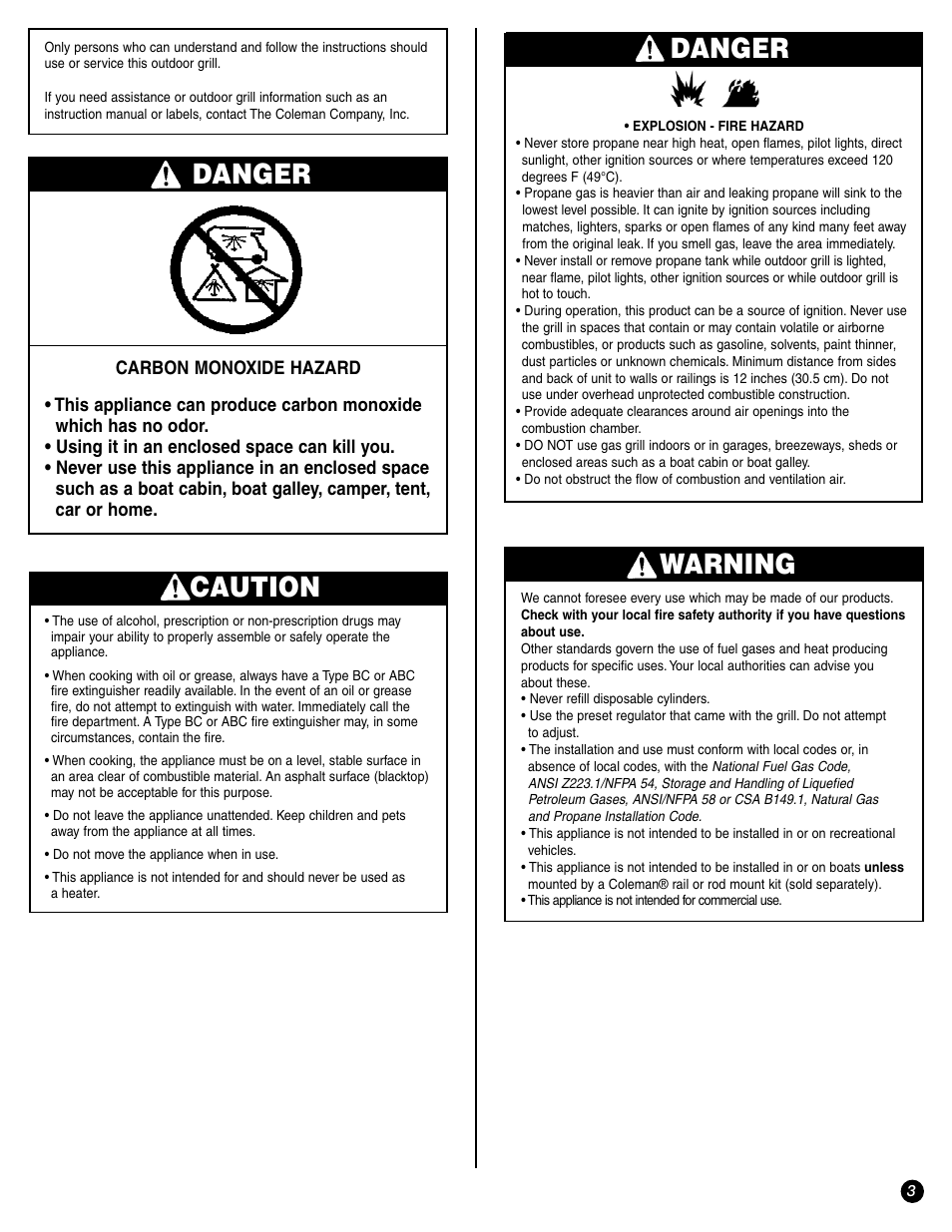 Danger, Caution, Warning | Coleman 9972 Series User Manual | Page 3 / 16