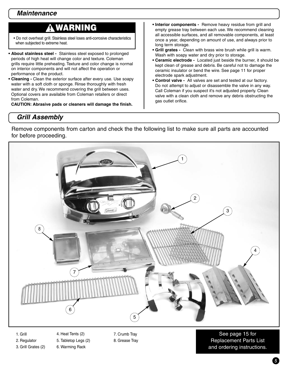 Warning, Maintenance, Grill assembly | Coleman 9972 Series User Manual | Page 5 / 16