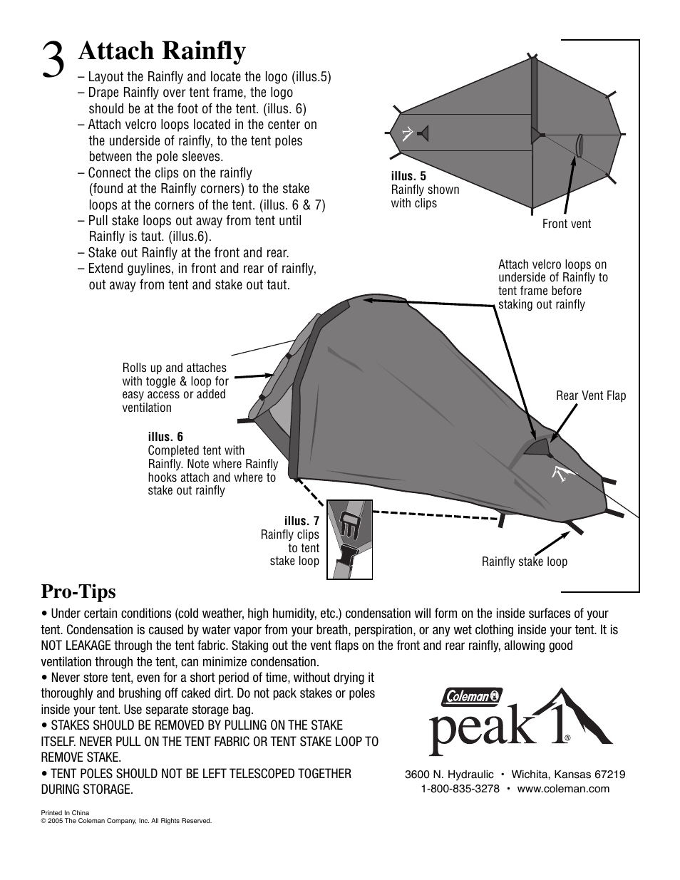 Attach rainfly, Pro-tips | Coleman Tent 9805-130 User Manual | Page 2 / 2