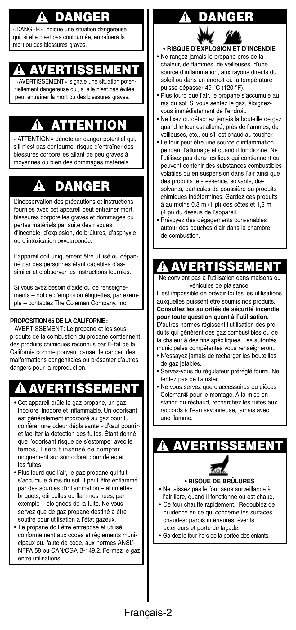 Avertissement danger, Avertissement, Danger | Attention, Français-2 | Coleman 9927 User Manual | Page 10 / 28