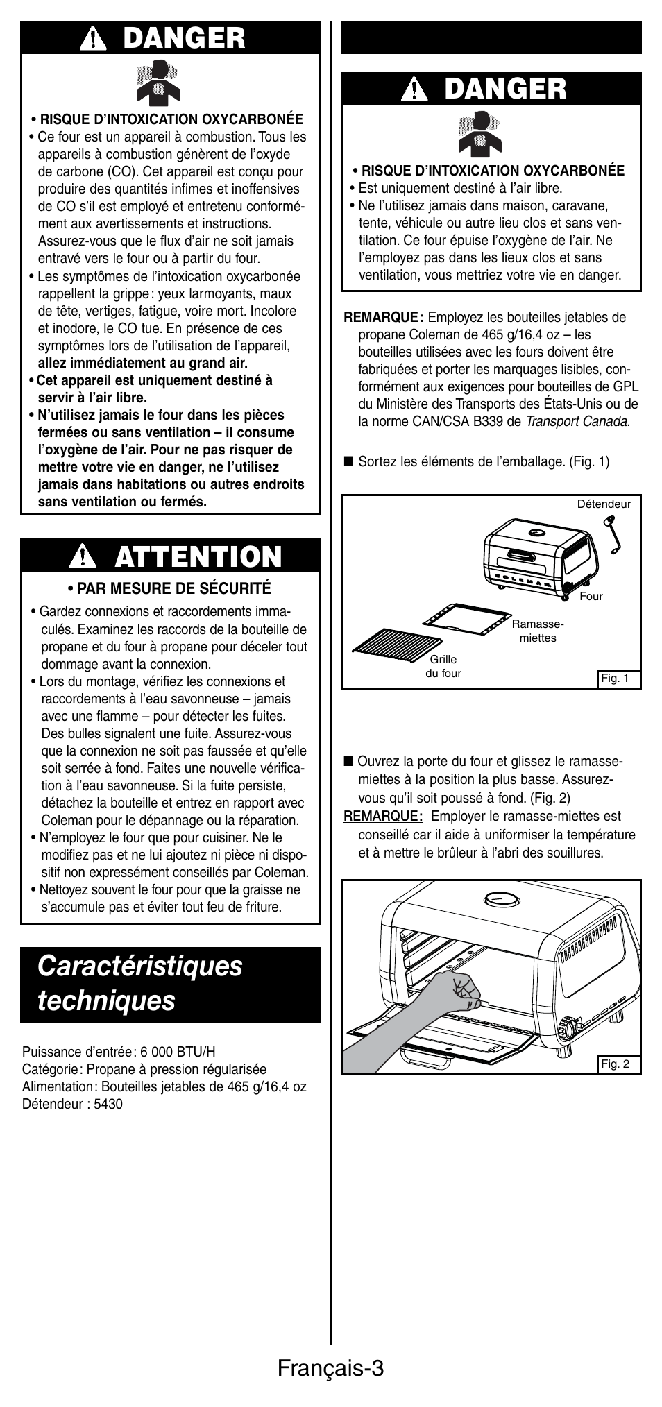 Mise en place caractéristiques techniques, Danger, Attention | Français-3 | Coleman 9927 User Manual | Page 11 / 28