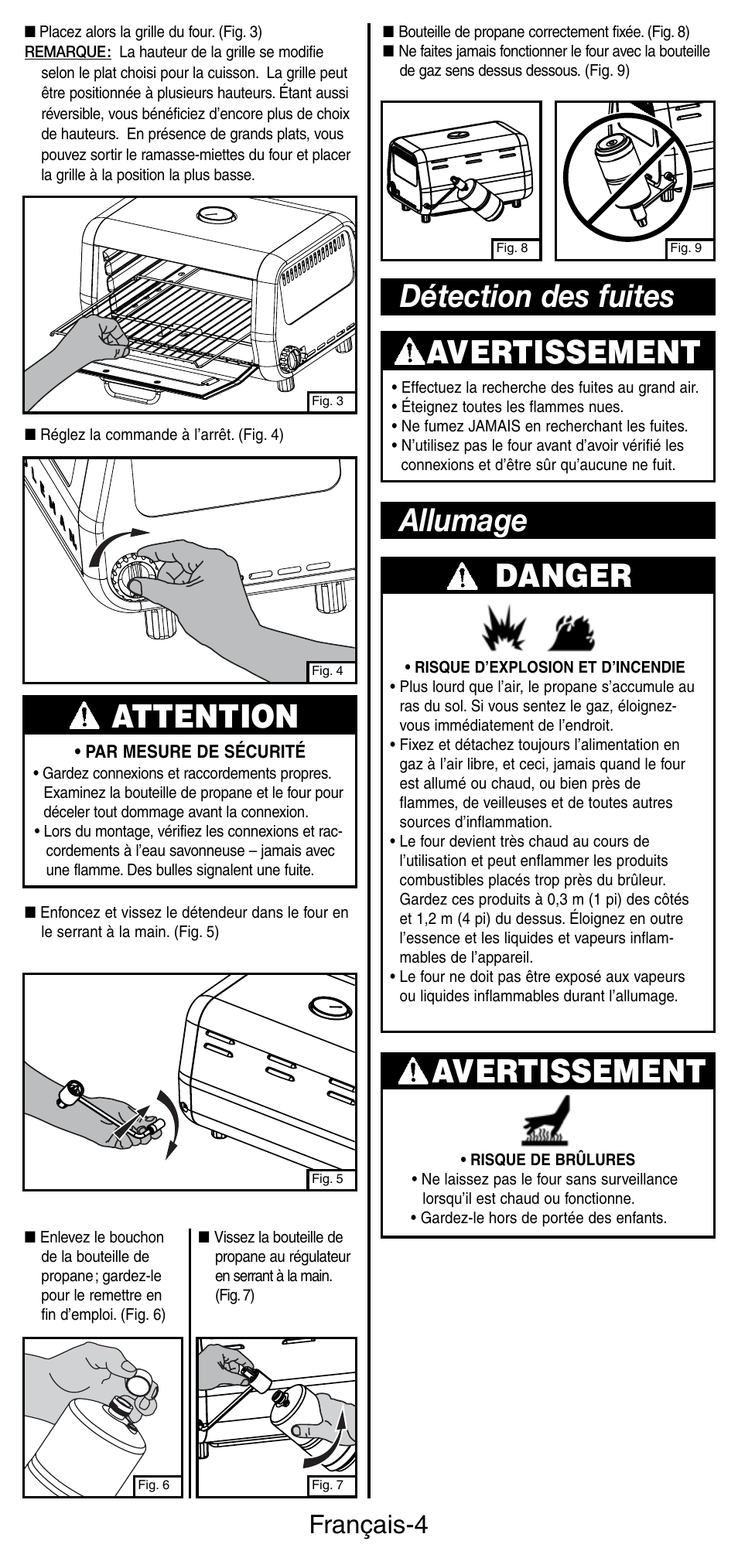 Attention, Avertissement, Détection des fuites allumage danger | Français-4 | Coleman 9927 User Manual | Page 12 / 28