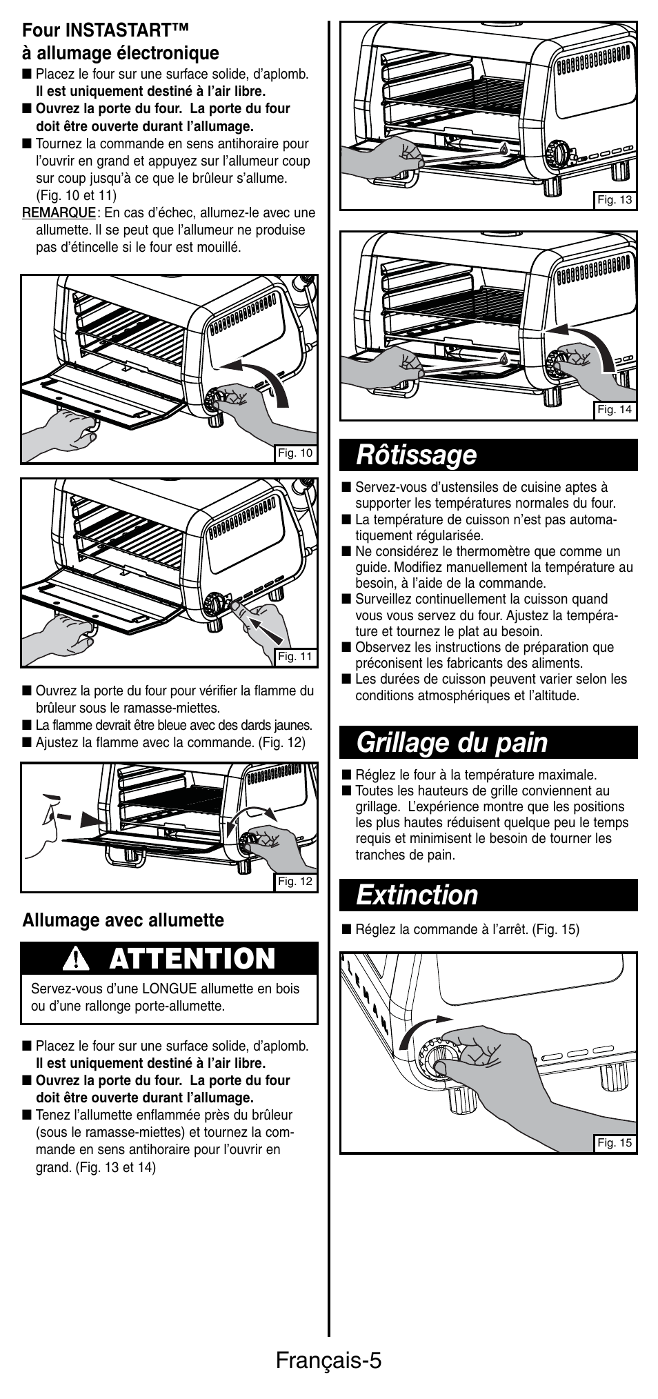 Extinction, Rôtissage, Attention | Grillage du pain, Français-5 | Coleman 9927 User Manual | Page 13 / 28