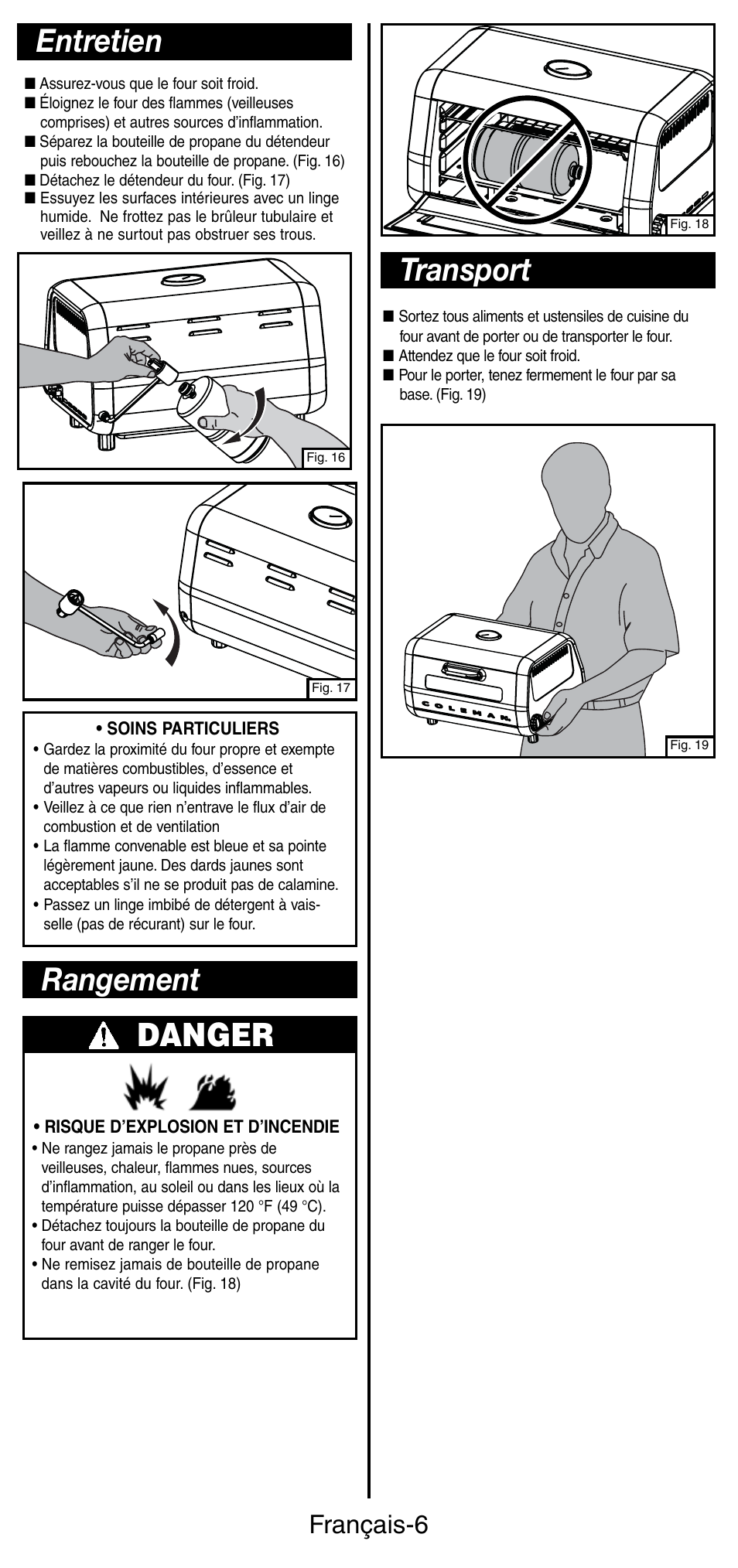 Transport, Entretien, Danger | Rangement, Français-6 | Coleman 9927 User Manual | Page 14 / 28