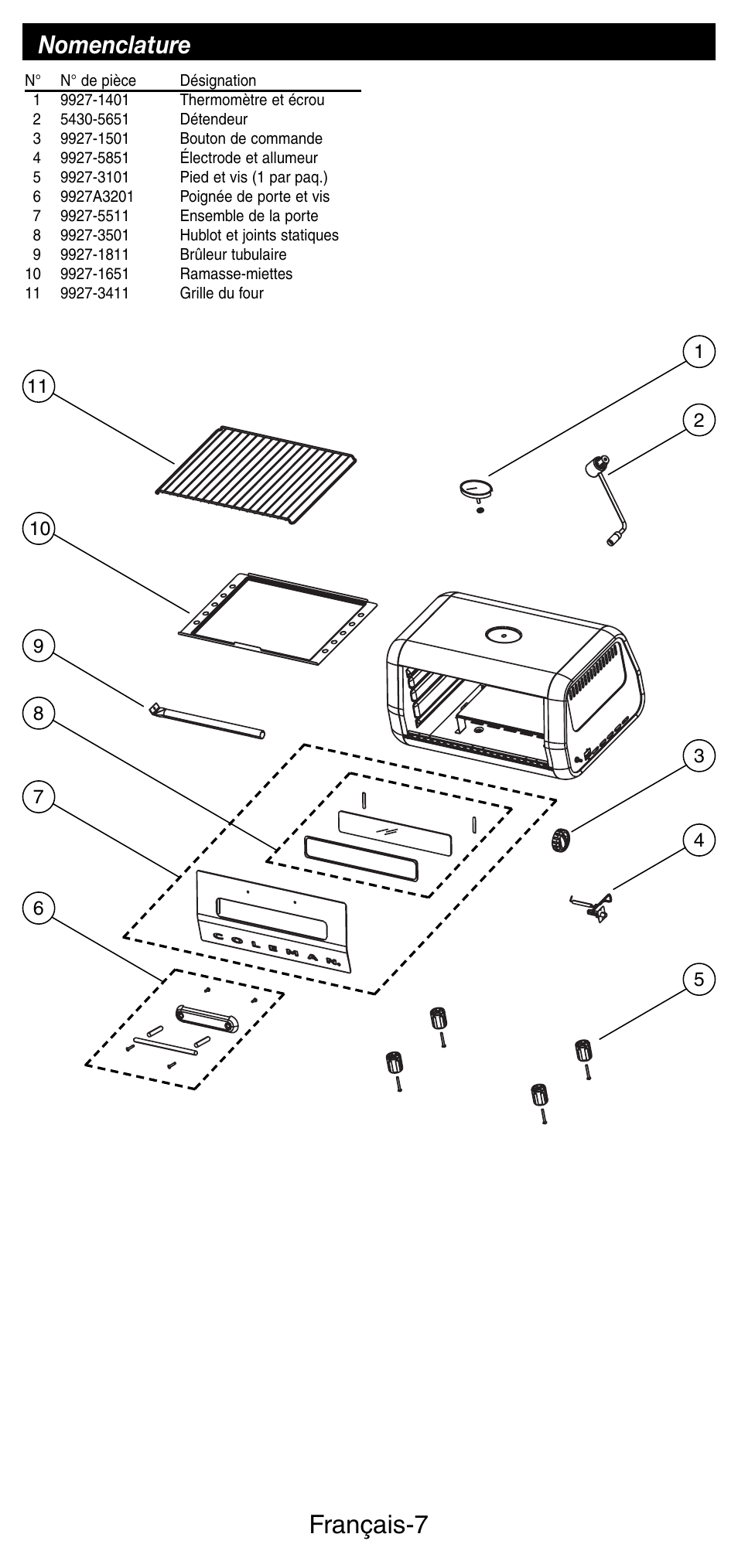 Français-7, Nomenclature | Coleman 9927 User Manual | Page 15 / 28