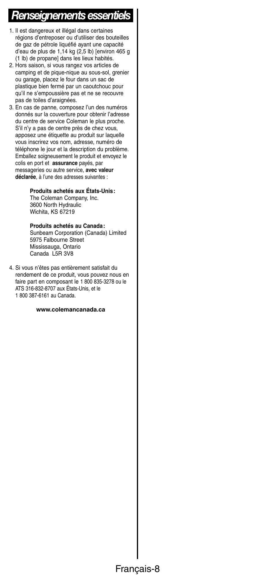 Renseignements essentiels, Français-8 | Coleman 9927 User Manual | Page 16 / 28