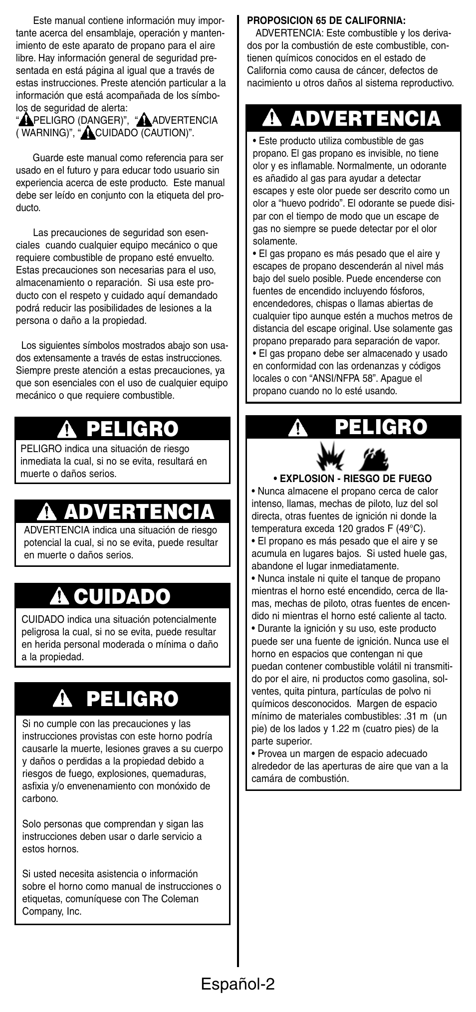 Peligro, Cuidado, Advertencia | Advertencia peligro, Español-2 | Coleman 9927 User Manual | Page 19 / 28