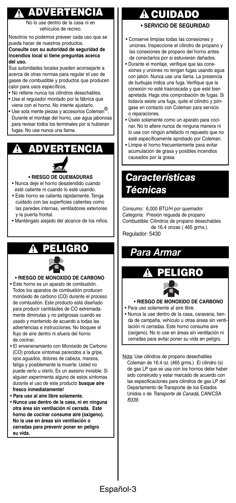 Advertencia, Peligro, Cuidado | Características técnicas, Para armar peligro, Español-3 | Coleman 9927 User Manual | Page 20 / 28