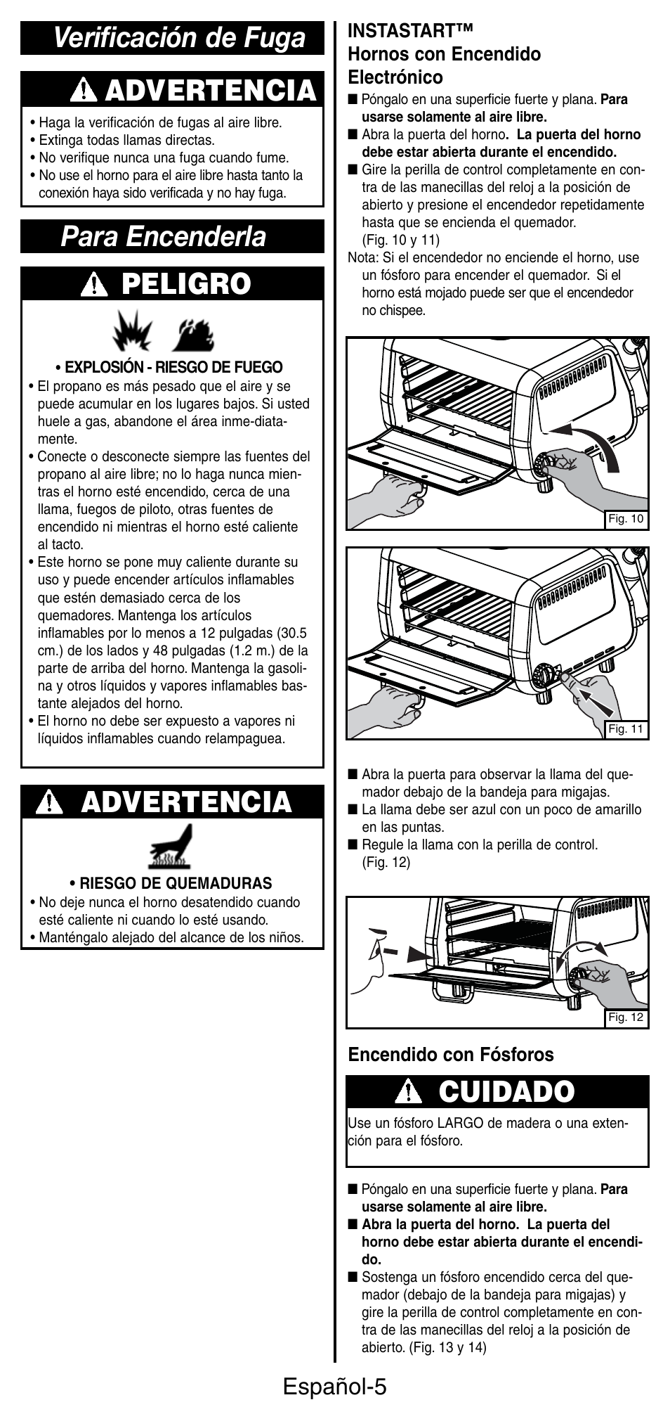 Cuidado, Advertencia, Verificación de fuga para encenderla peligro | Español-5 | Coleman 9927 User Manual | Page 22 / 28