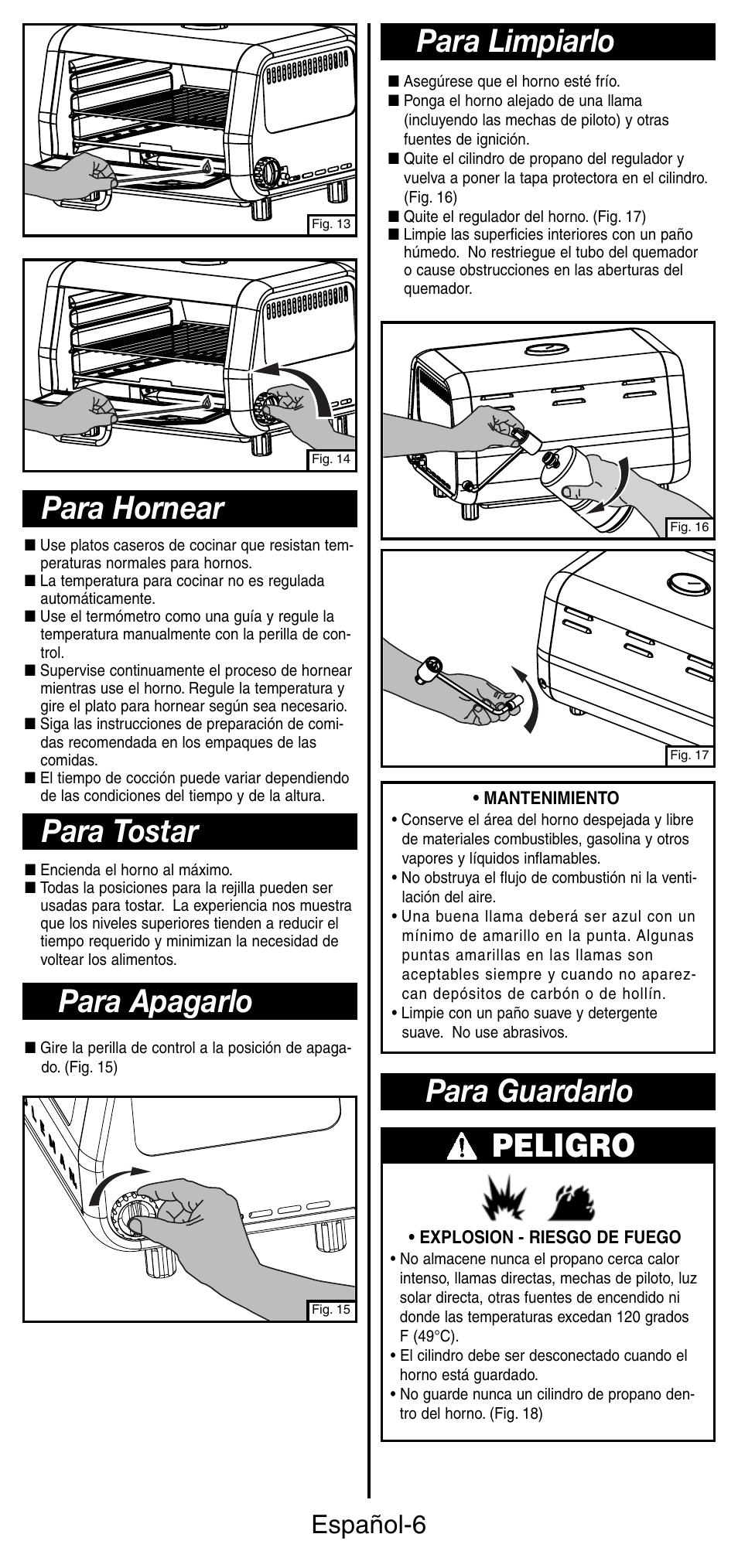 Para apagarlo para limpiarlo, Para hornear, Para tostar | Peligro, Para guardarlo, Español-6 | Coleman 9927 User Manual | Page 23 / 28