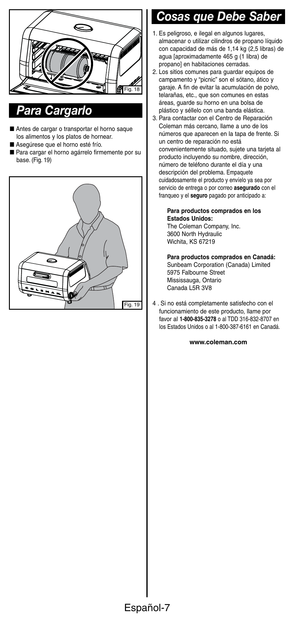 Para cargarlo, Cosas que debe saber, Español-7 | Coleman 9927 User Manual | Page 24 / 28