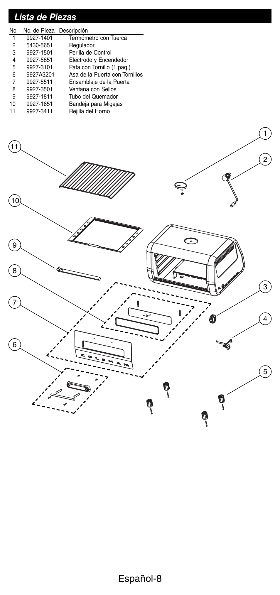 Español-8, Lista de piezas | Coleman 9927 User Manual | Page 25 / 28