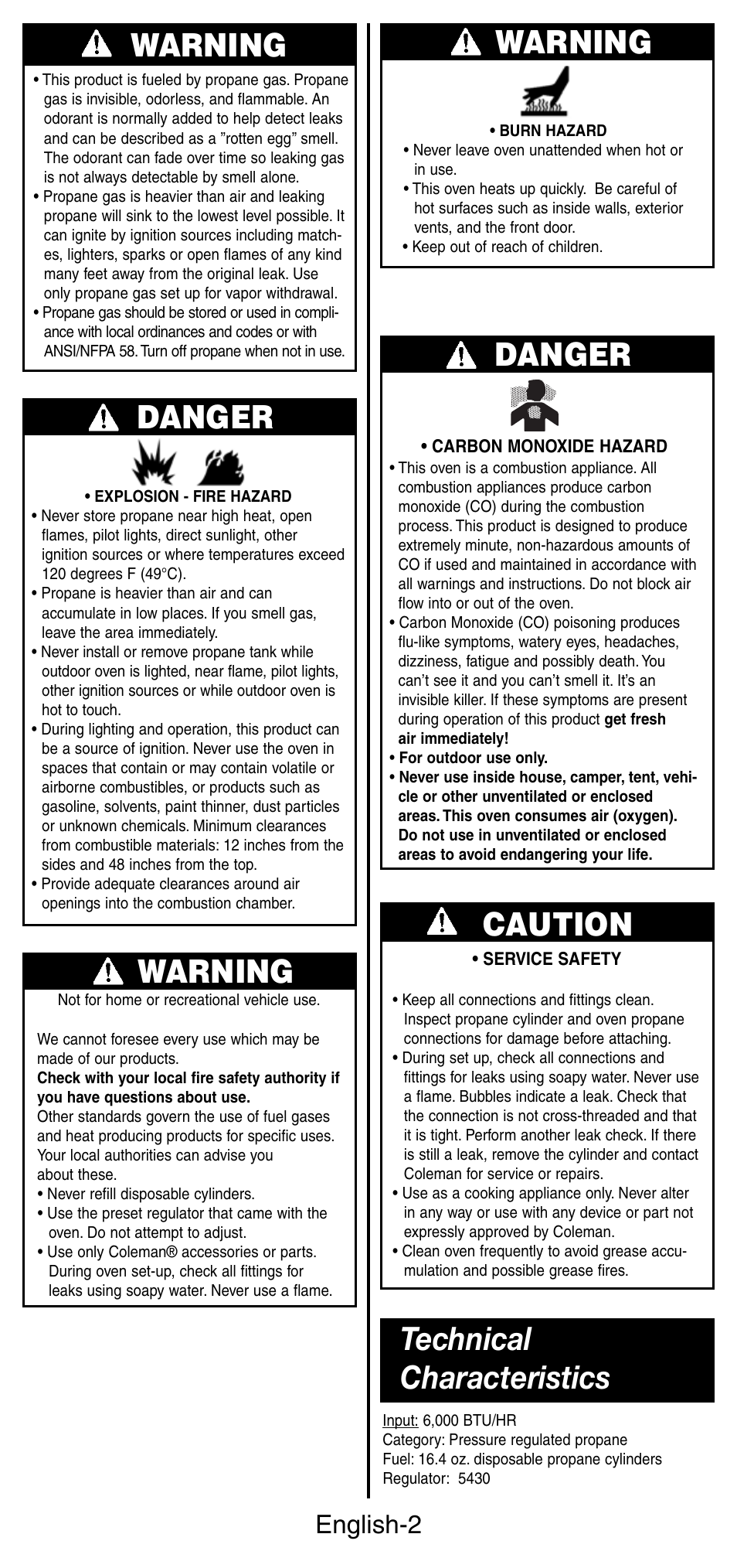 Warning danger, Warning, Danger | Caution, Technical characteristics, English-2 | Coleman 9927 User Manual | Page 3 / 28