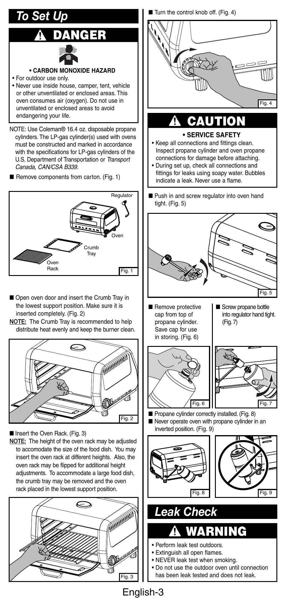 Caution, Warning, Leak check | English-3 | Coleman 9927 User Manual | Page 4 / 28