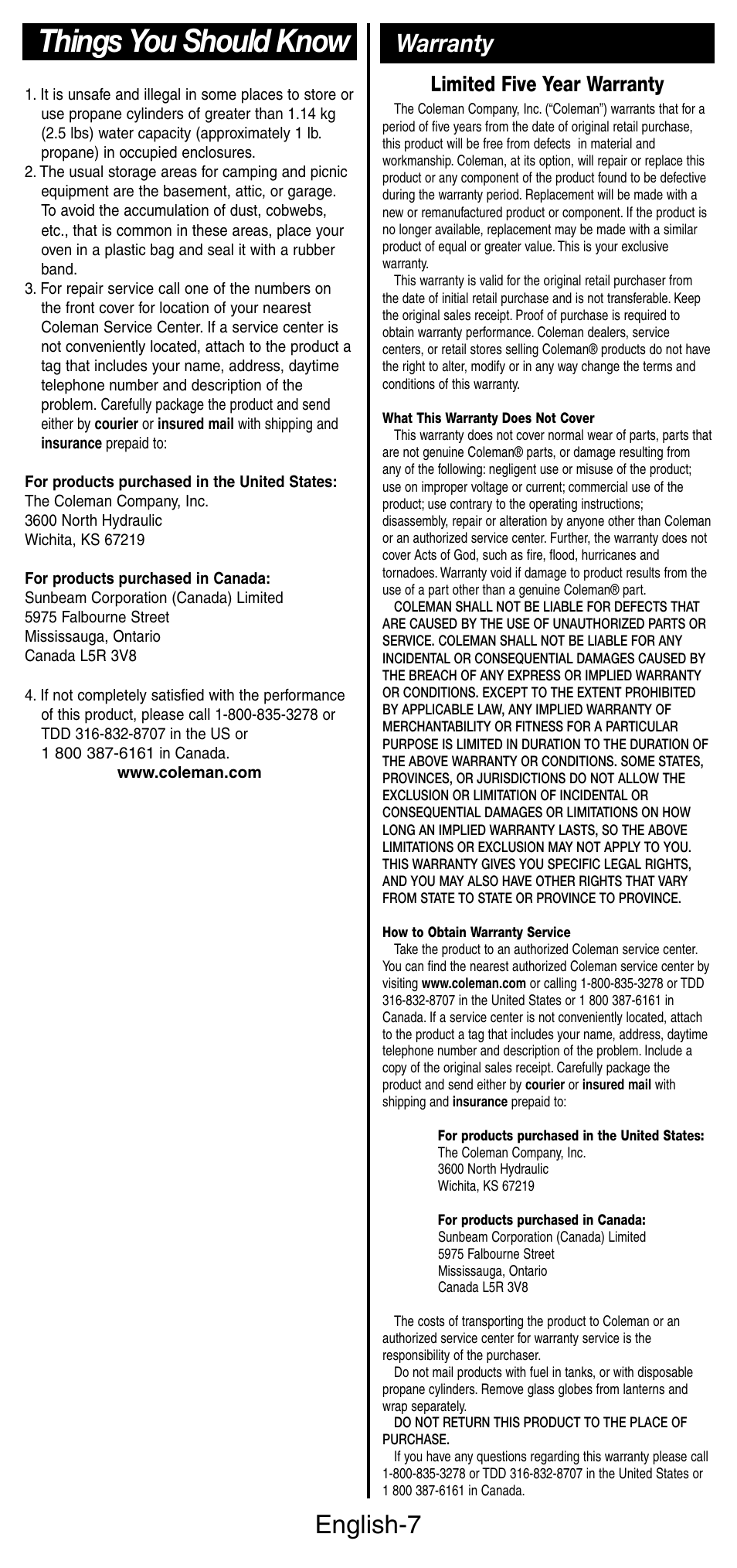 Things you should know, English-7, Warranty | Limited five year warranty | Coleman 9927 User Manual | Page 8 / 28