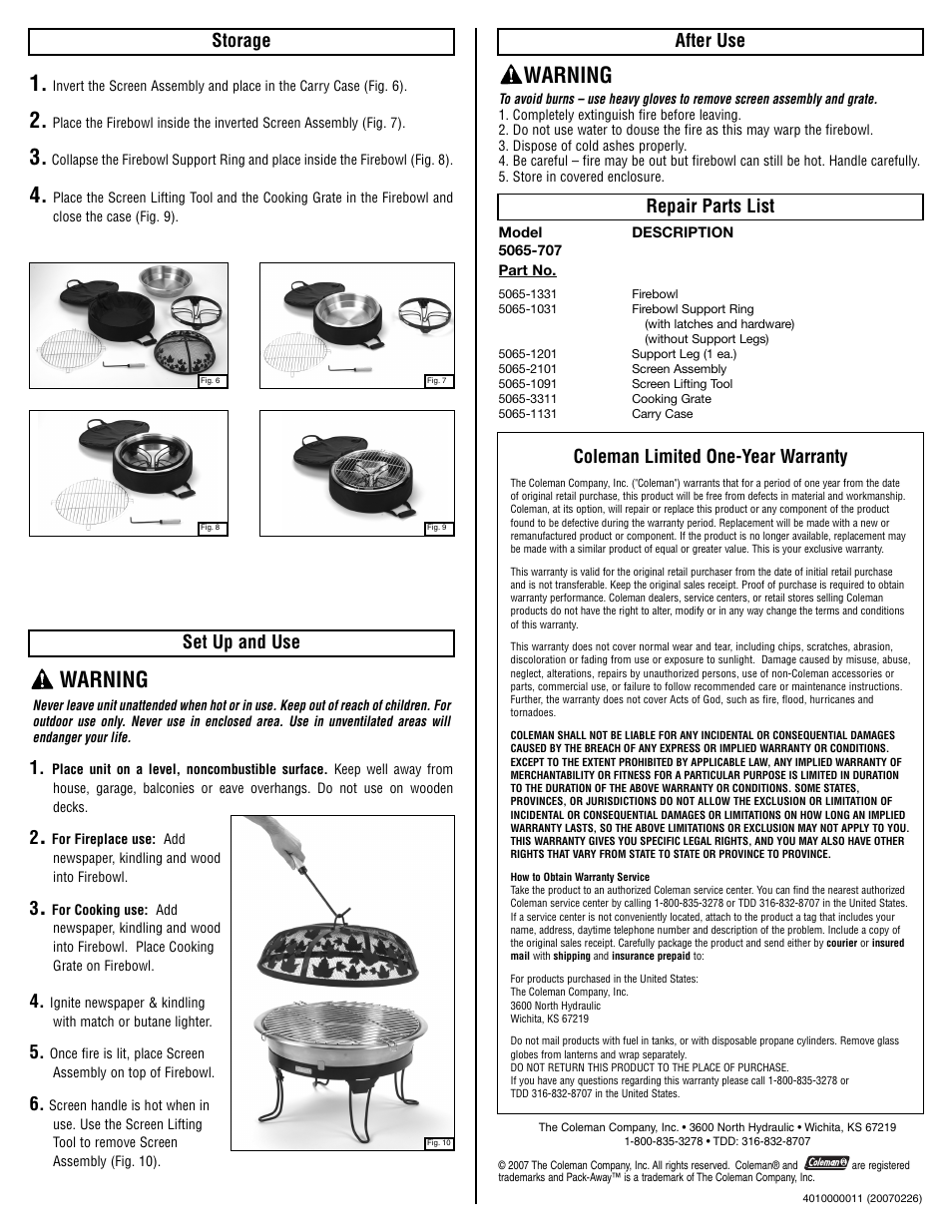Warning, Storage set up and use, After use | Repair parts list, Coleman limited one-year warranty | Coleman Pack-Away 5065-707 User Manual | Page 2 / 2