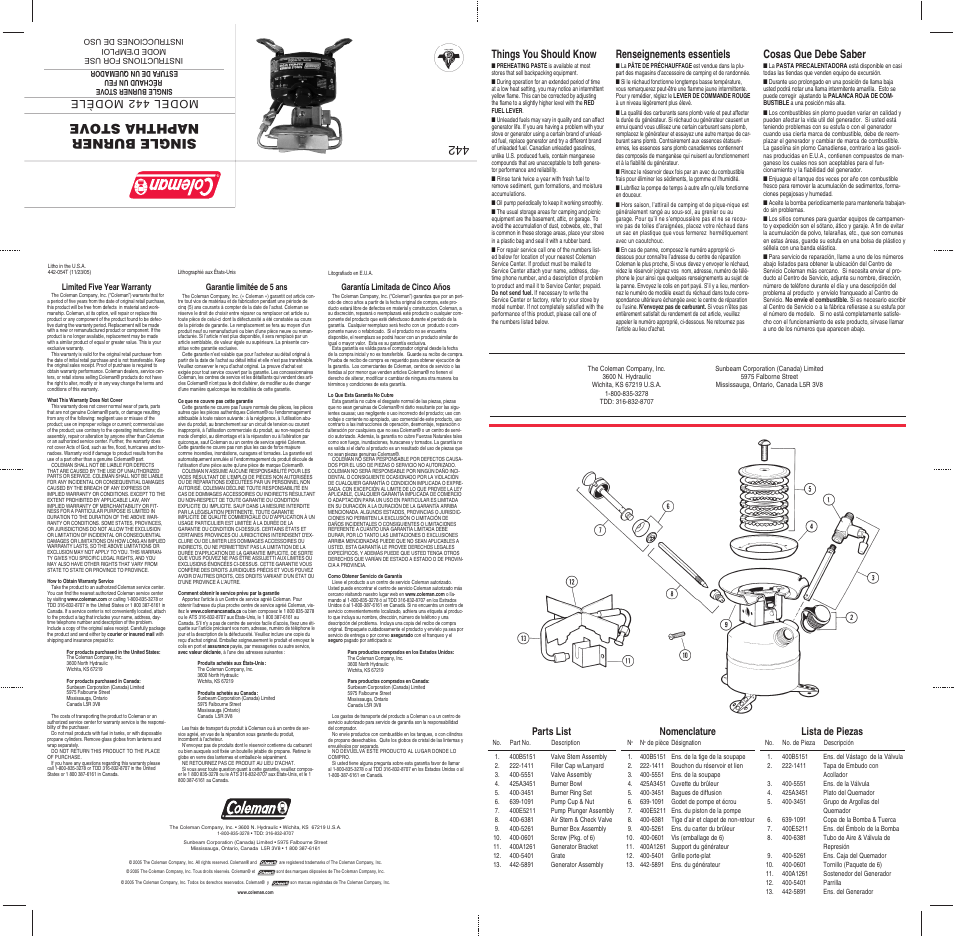 Coleman 442 User Manual | 2 pages