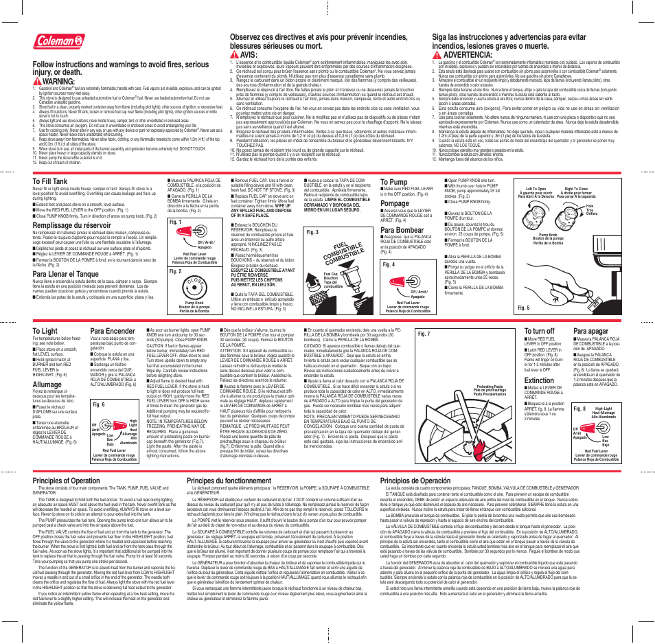 Extinction, Allumage, Principles of operation | Remplissage du réservoir, Para llenar el tanque, Pompage, Para bombear, Para encender, Para apagar, Principes du fonctionnement | Coleman 442 User Manual | Page 2 / 2