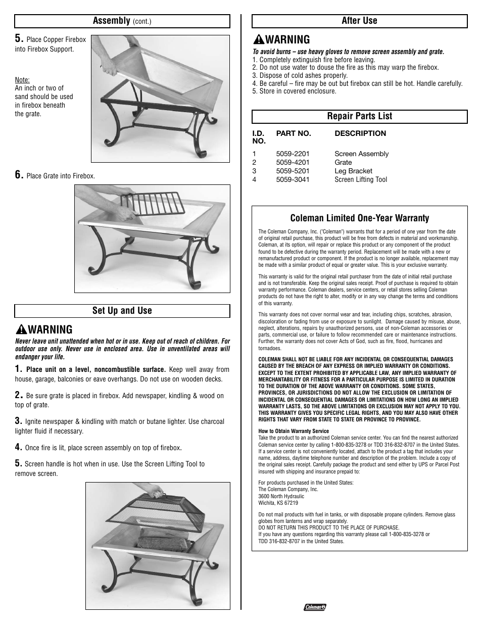 Warning | Coleman 5059-720 User Manual | Page 2 / 2